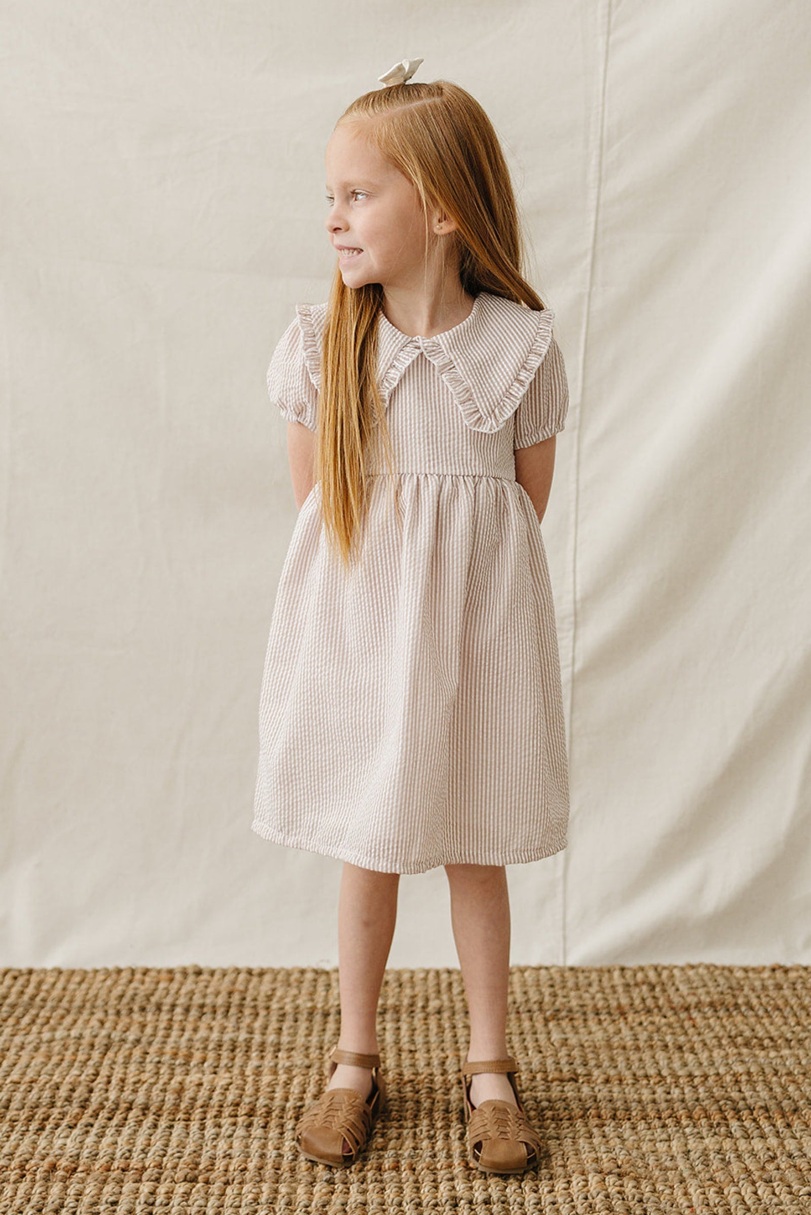 Taupe Stripe Cotton Peter Pan Collar Dress for Girls, Baby - Kids