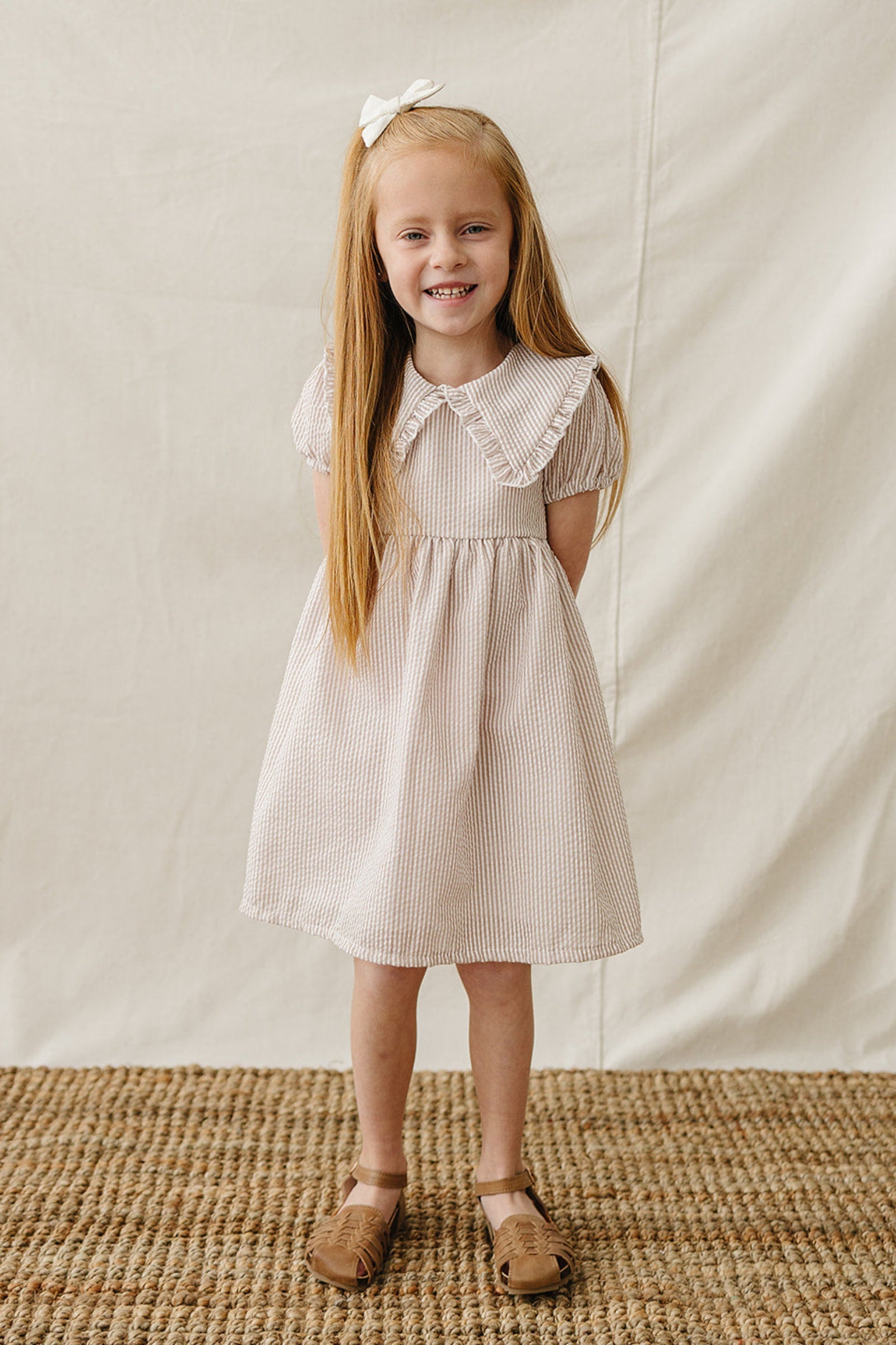 Taupe Stripe Cotton Peter Pan Collar Dress for Girls, Baby - Kids
