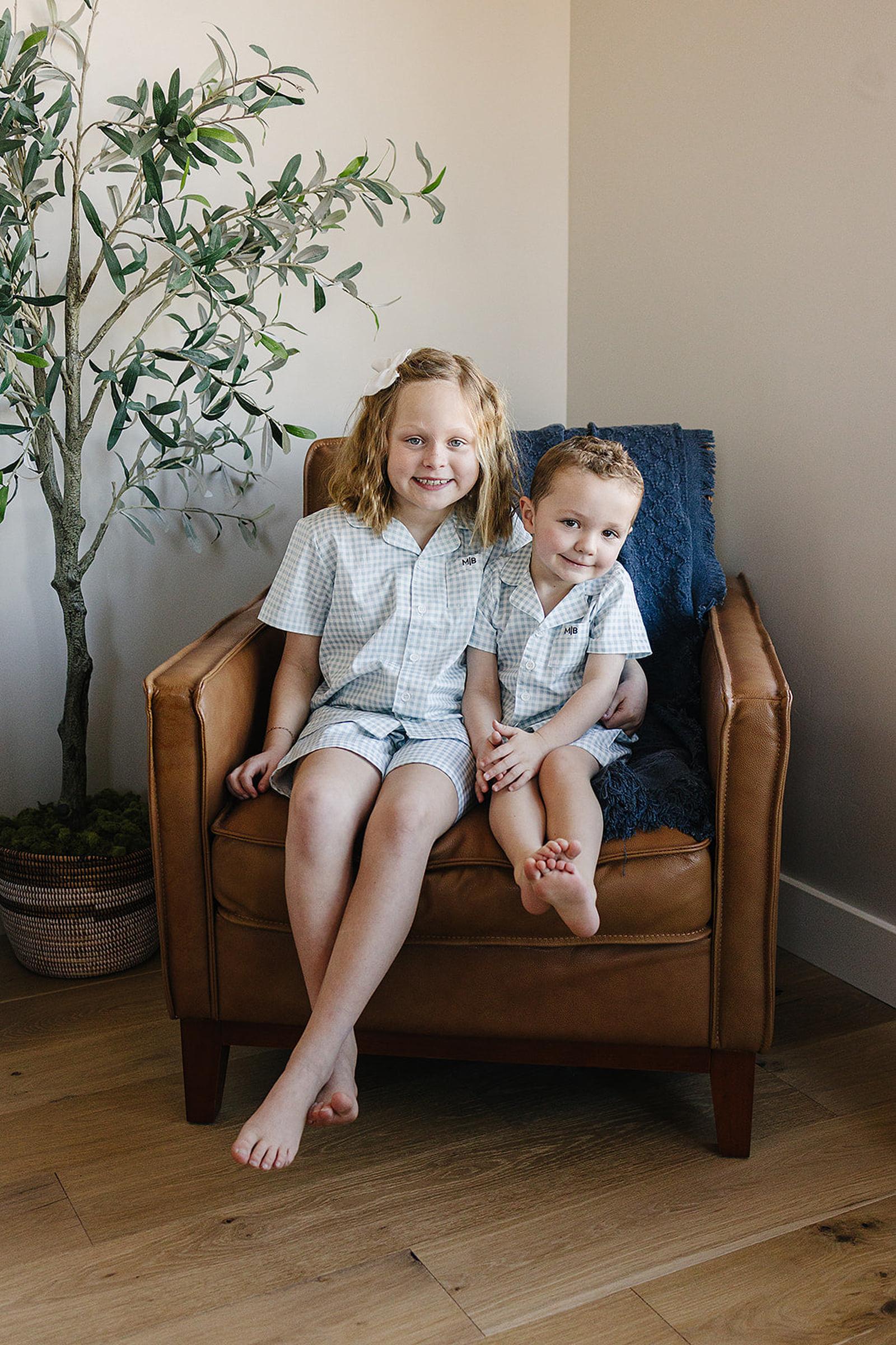 Light Blue Gingham Shorts Pajama Set, 100% Cotton, Gender Neutral, Sizes 6M-11