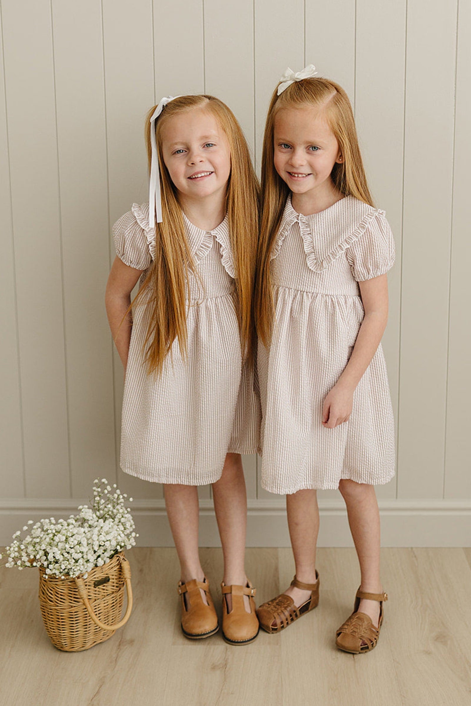 Taupe Stripe Cotton Peter Pan Collar Dress for Girls, Baby - Kids