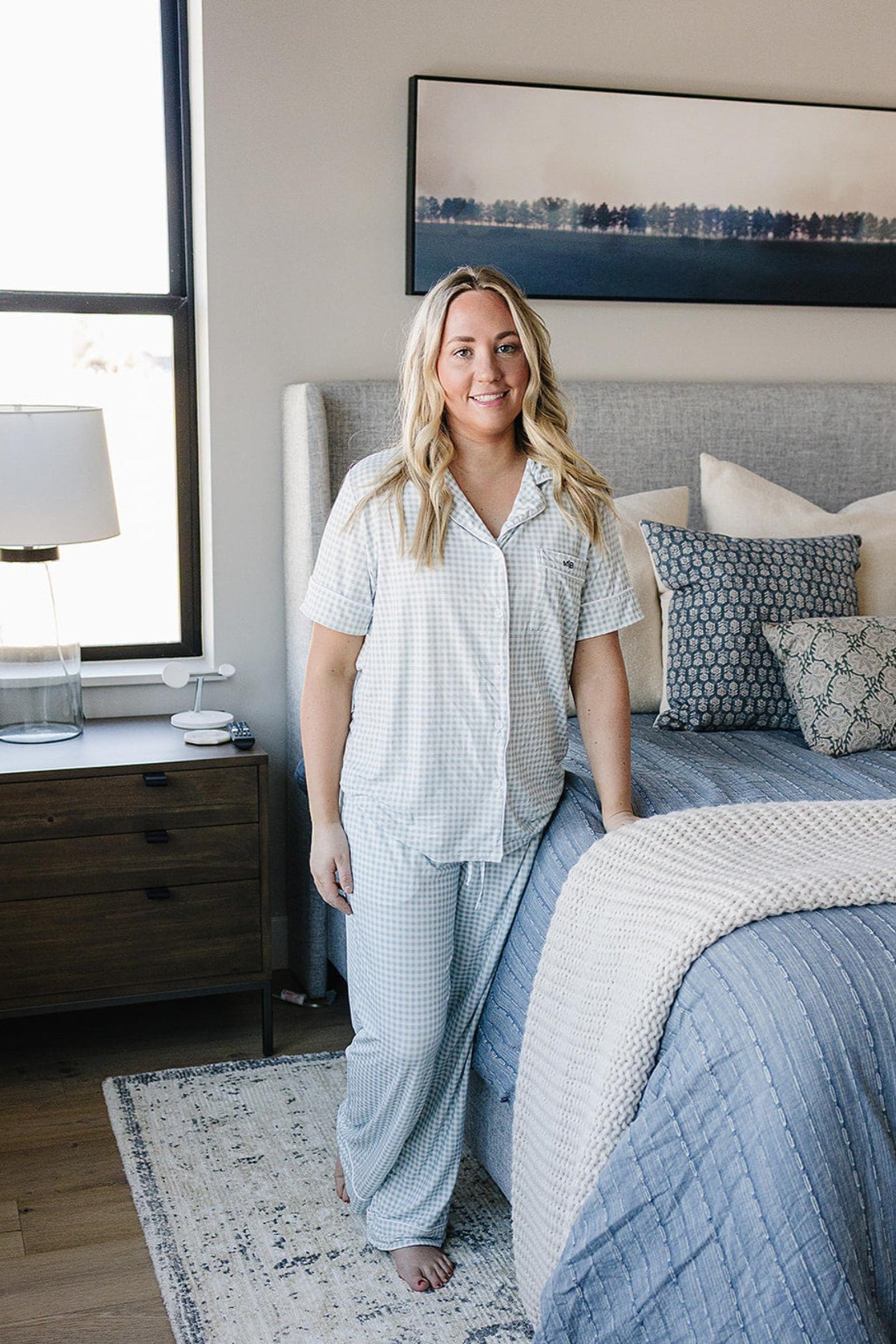 Women's Light Blue Gingham Pajama Set, Bamboo