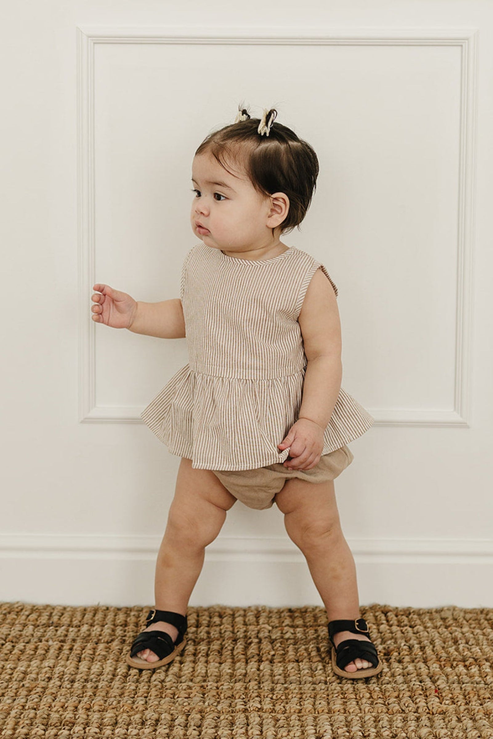 Tan Stripes Cotton Peplum Bloomer Set for Baby Girls, Sizes 0-2T