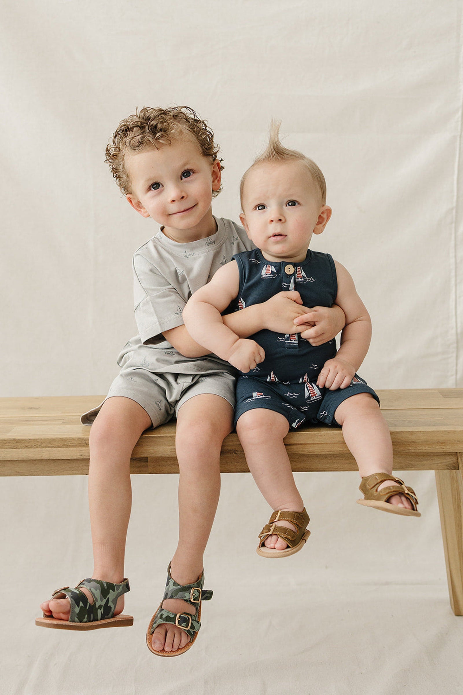 Cotton Sailboat Button Shorts Set for Boys, Light Grey, Sizes 0-6