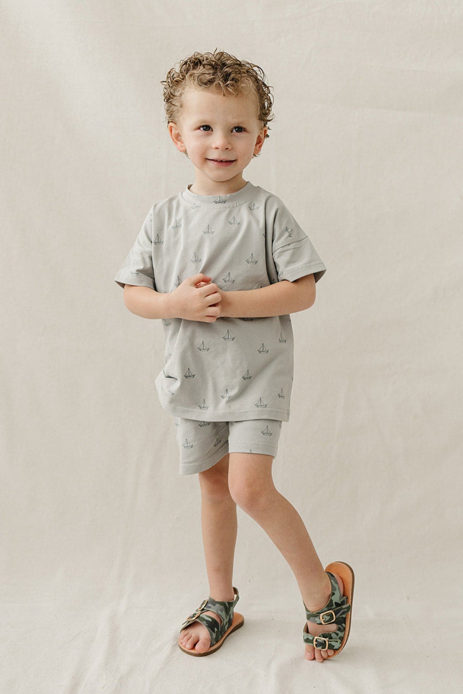 Cotton Sailboat Button Shorts Set for Boys, Light Grey, Sizes 0-6