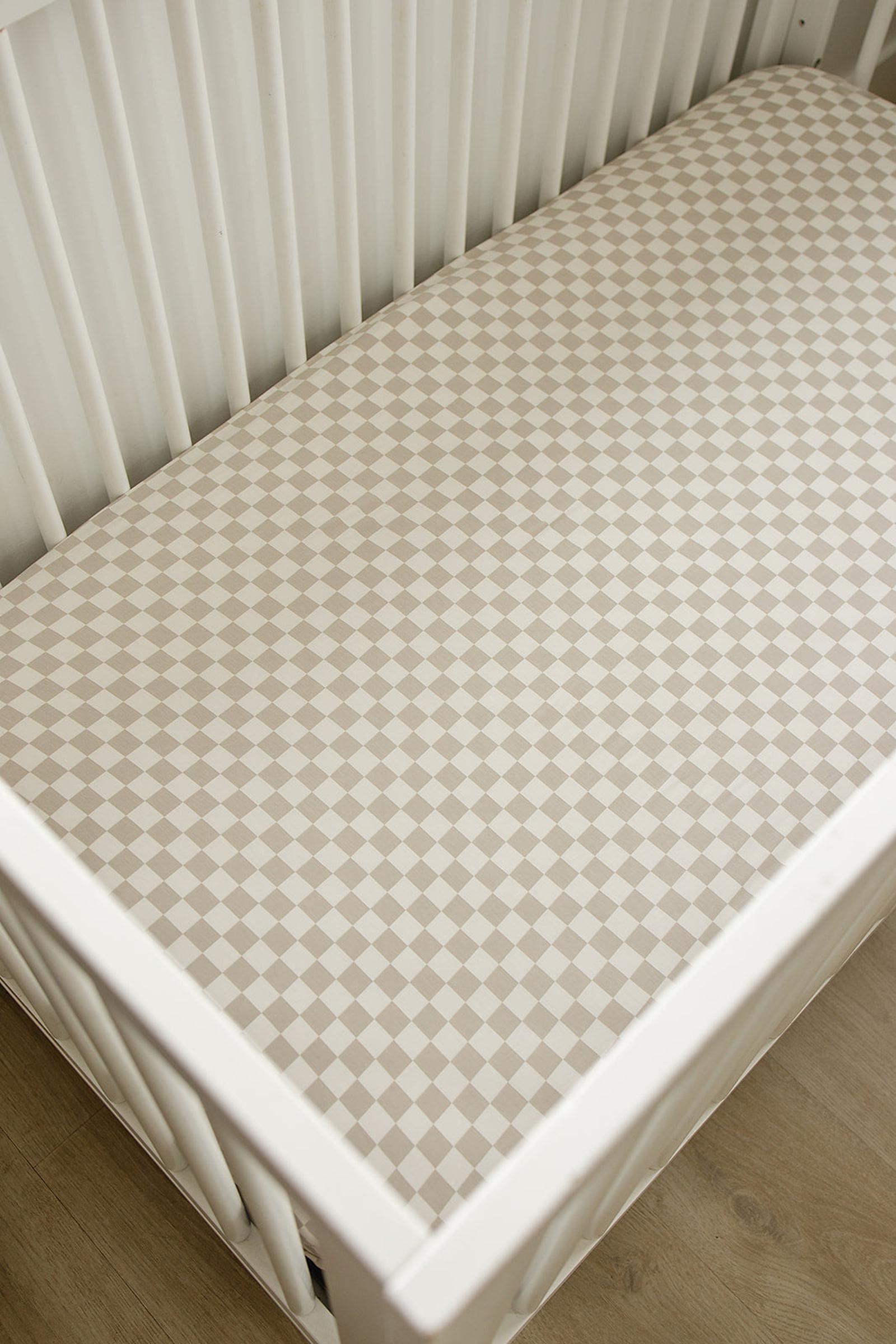 Taupe Checkered Stretch Crib Sheet, Bamboo, Baby Essentials