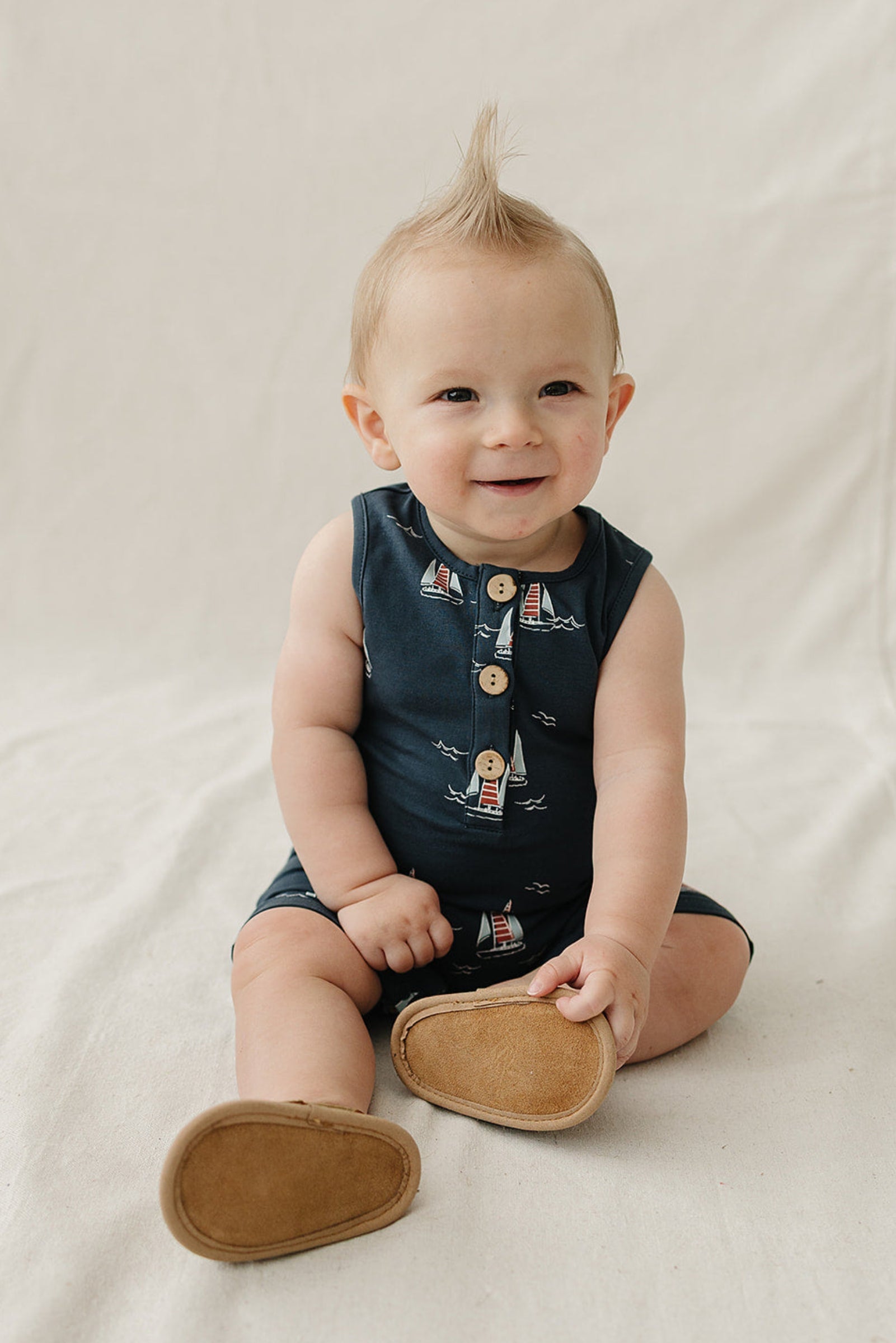 Cotton Sailboat Short Romper for Baby Boys, Navy, Sizes 0-2T