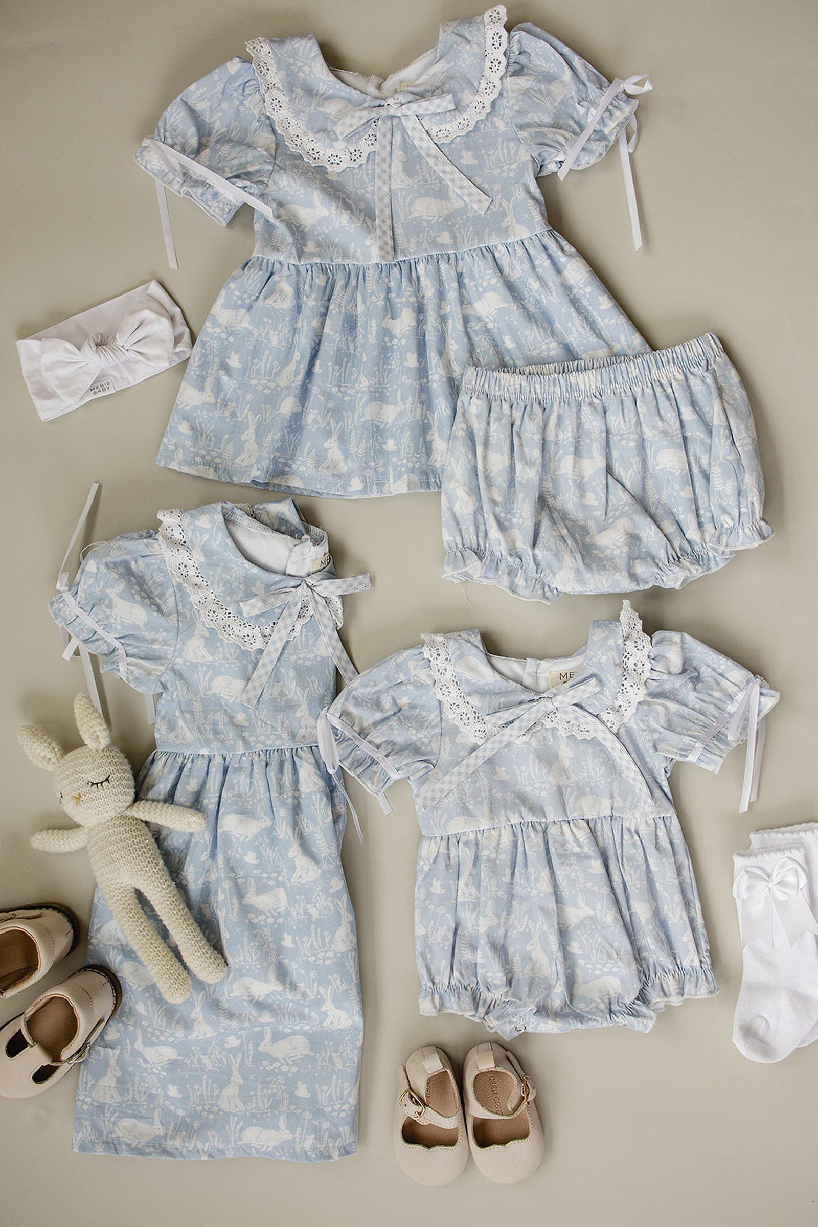 Cotton Blue Bunny Dress with Classic Peter Pan Collar, Sizes 0-10