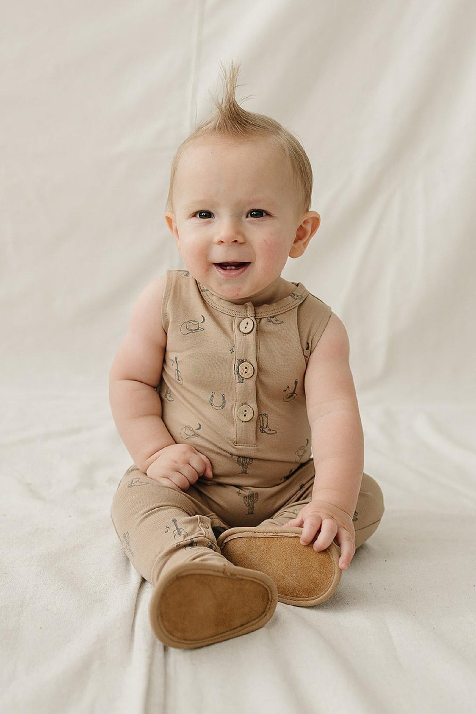 Cotton Western Tank Romper for Baby Boys, Beige
