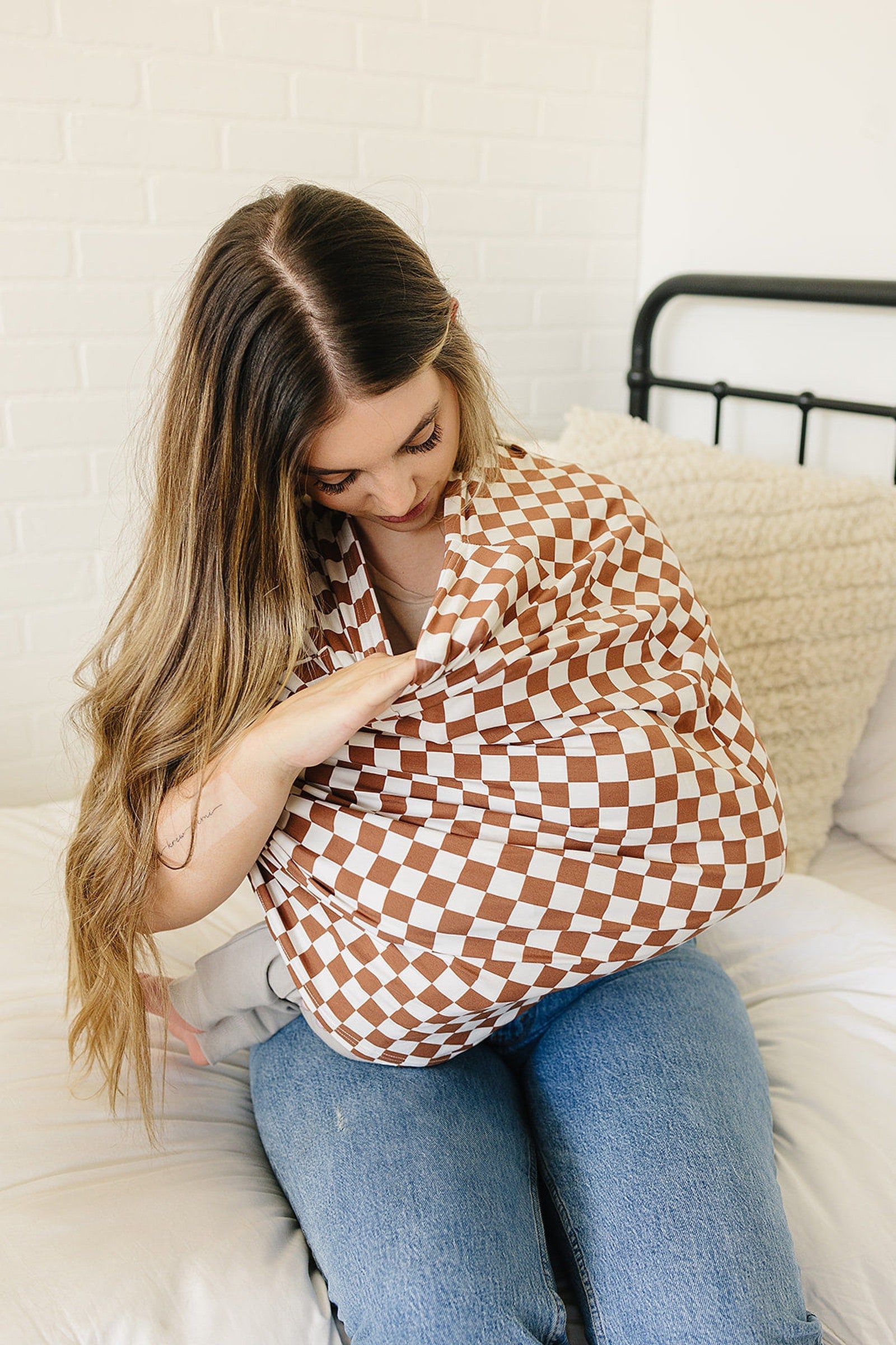 Rust Checkered Multi-Use, Bamboo, Car Seat & Nursing Cover, Gender Neutral, Baby