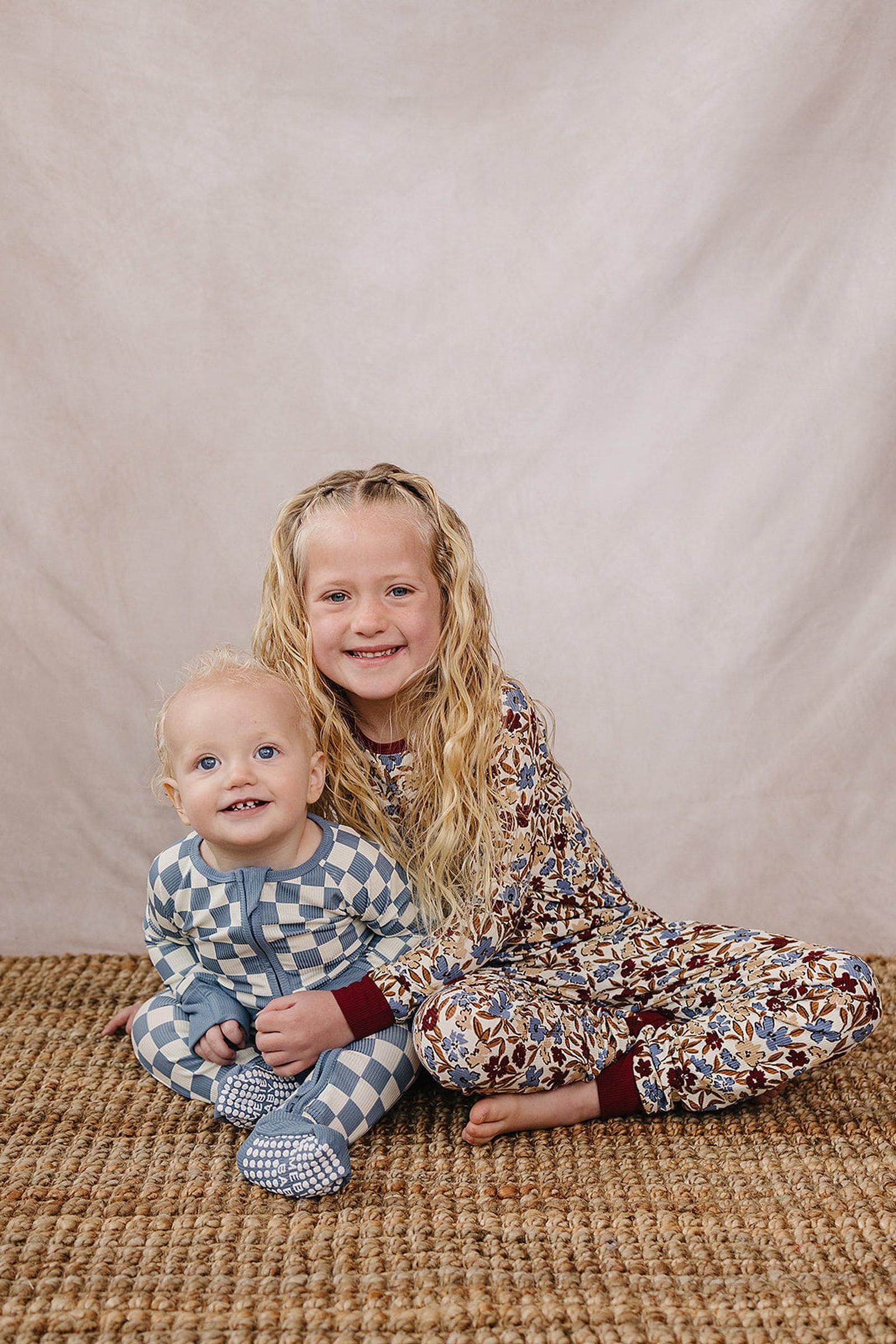 Blue Checkered Bamboo Zipper Pajama for Babies
