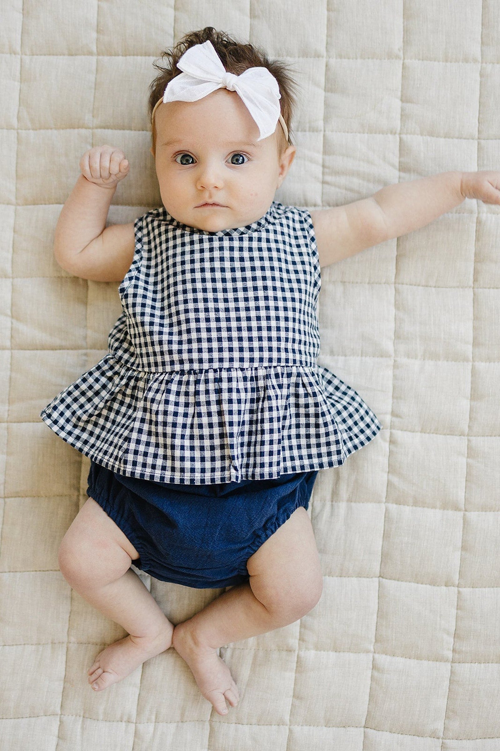Baby Girl Navy Gingham Peplum Set, Linen/Cotton, Baby