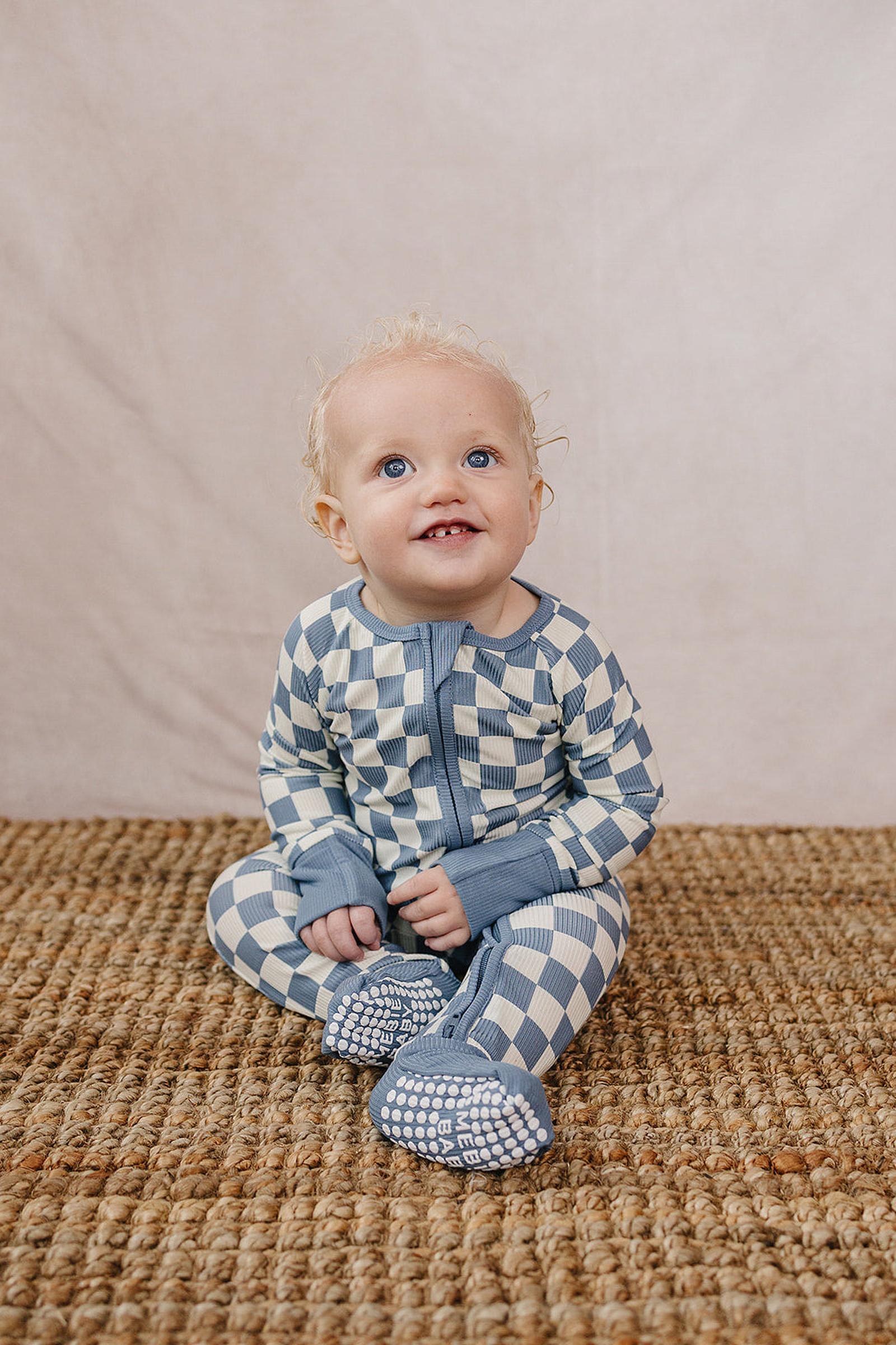 Blue Checkered Bamboo Zipper Pajama for Babies