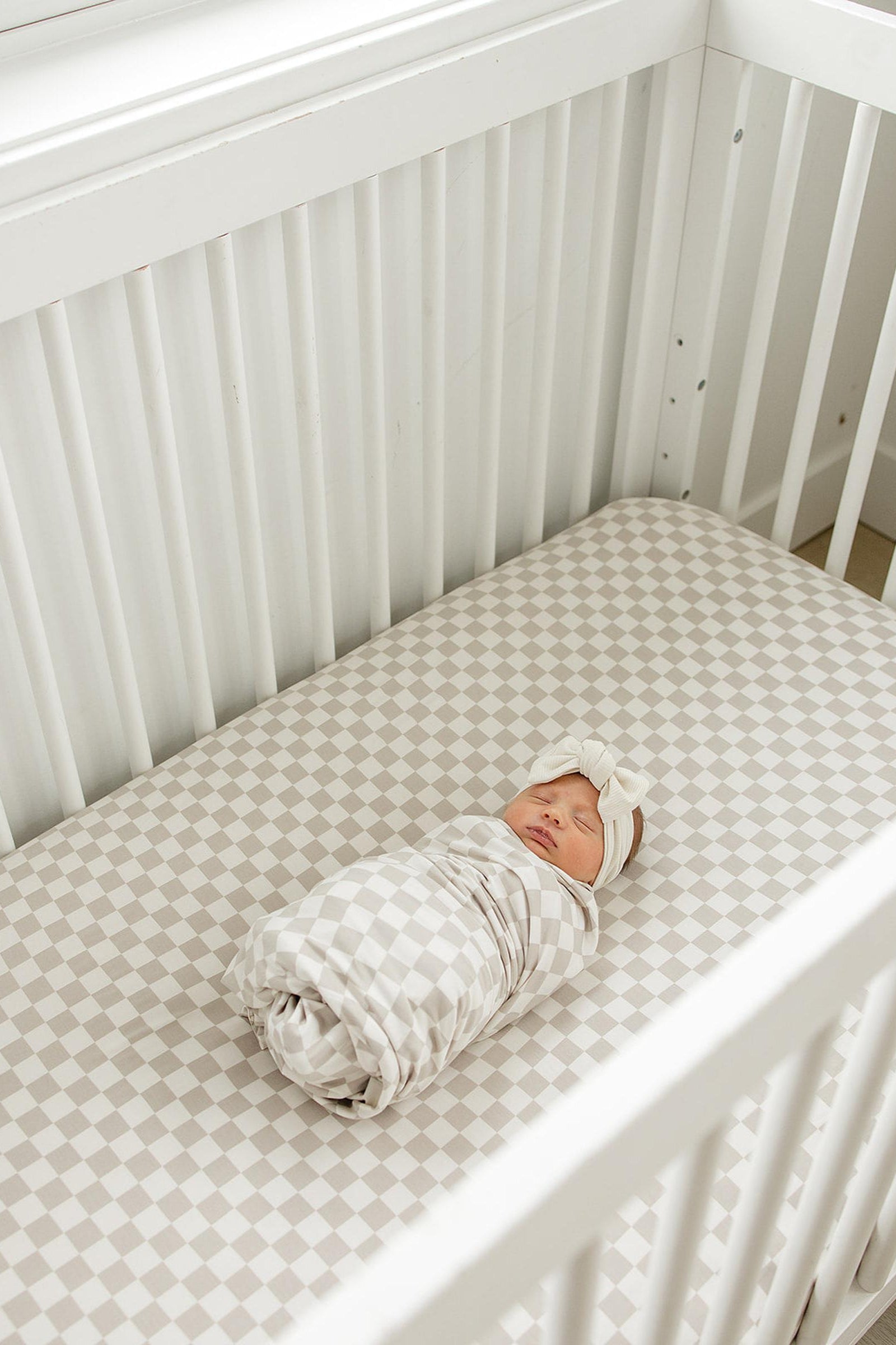 Taupe Checkered Stretch Crib Sheet, Bamboo, Baby Essentials