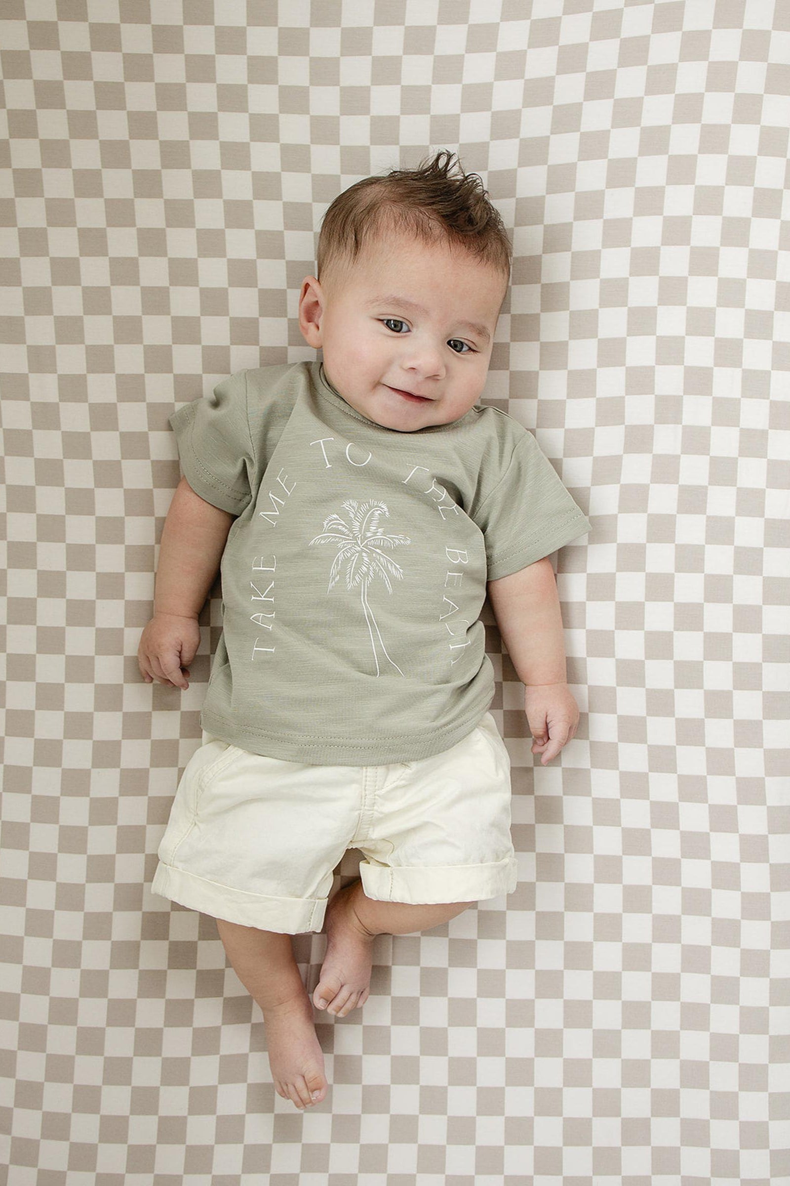 Taupe Checkered Stretch Crib Sheet, Bamboo, Baby Essentials