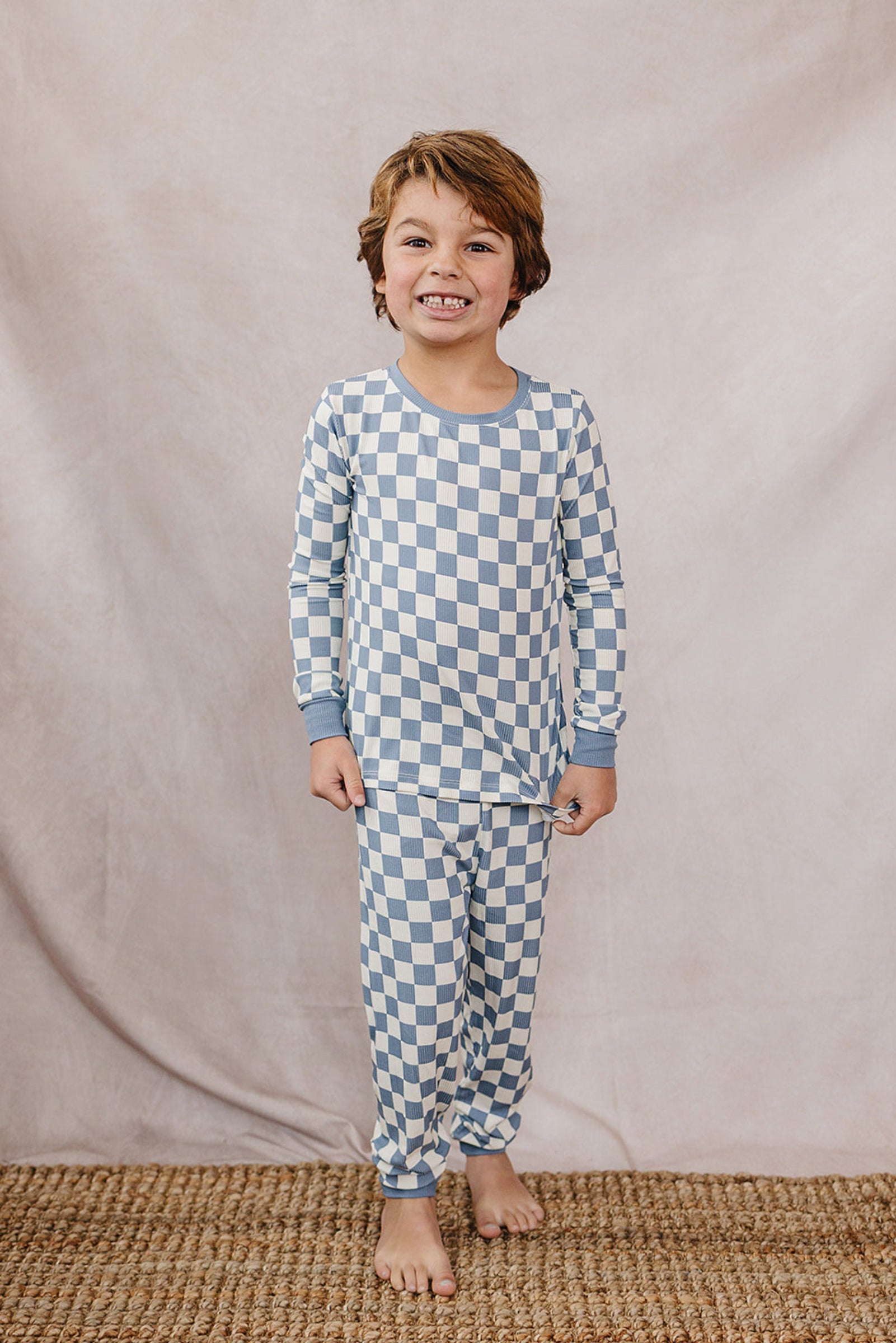 Blue Checkered Ribbed Bamboo Cozy Pajama Set, Toddler & Kids