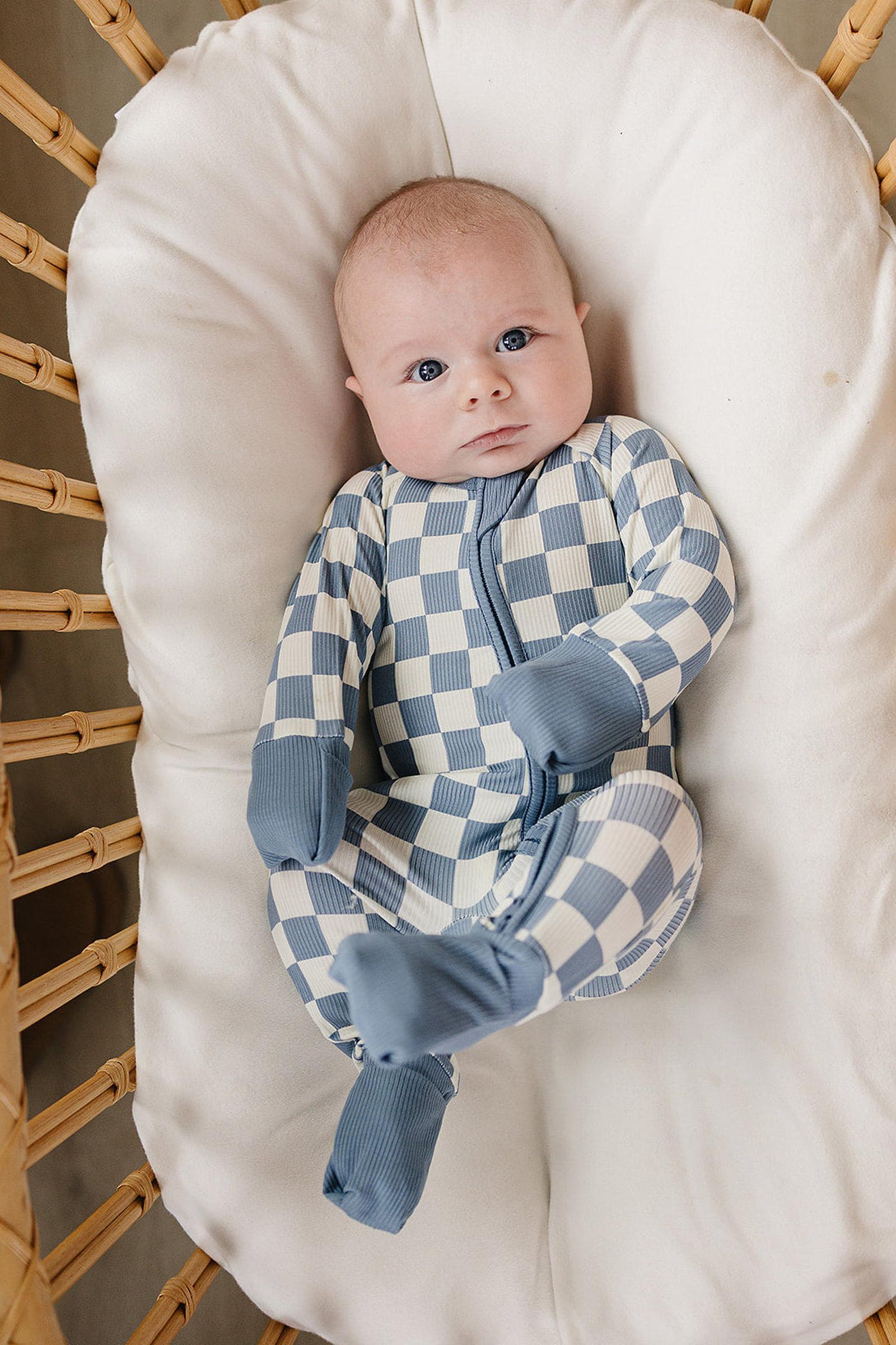 Blue Checkered Bamboo Zipper Pajama for Babies
