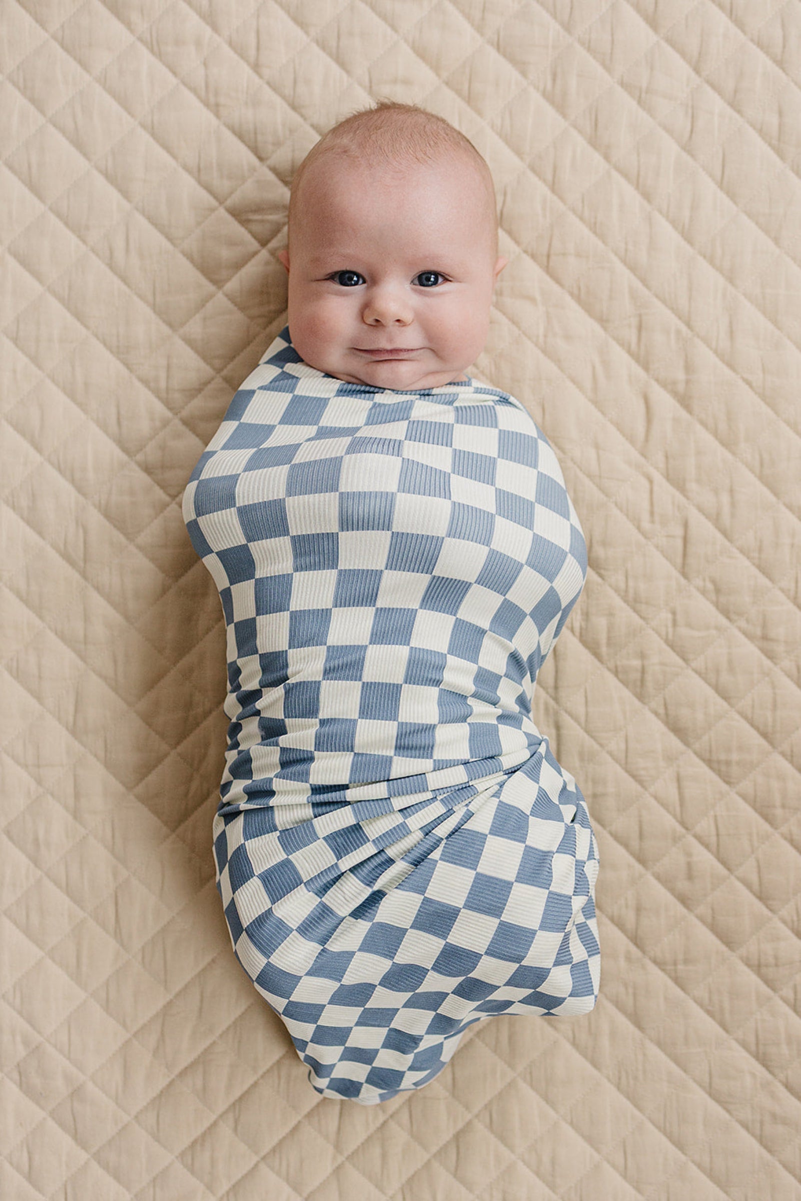 Blue Checkered Ribbed Bamboo Stretch Swaddle for Babies