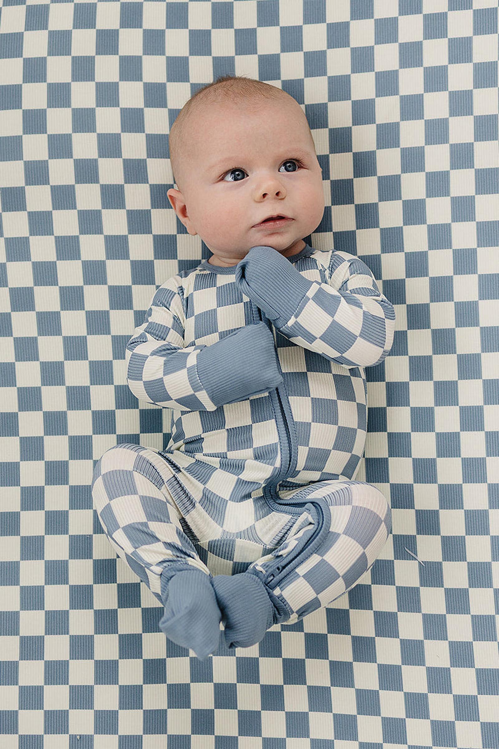 Blue Checkered Ribbed Bamboo Stretch Crib Sheet