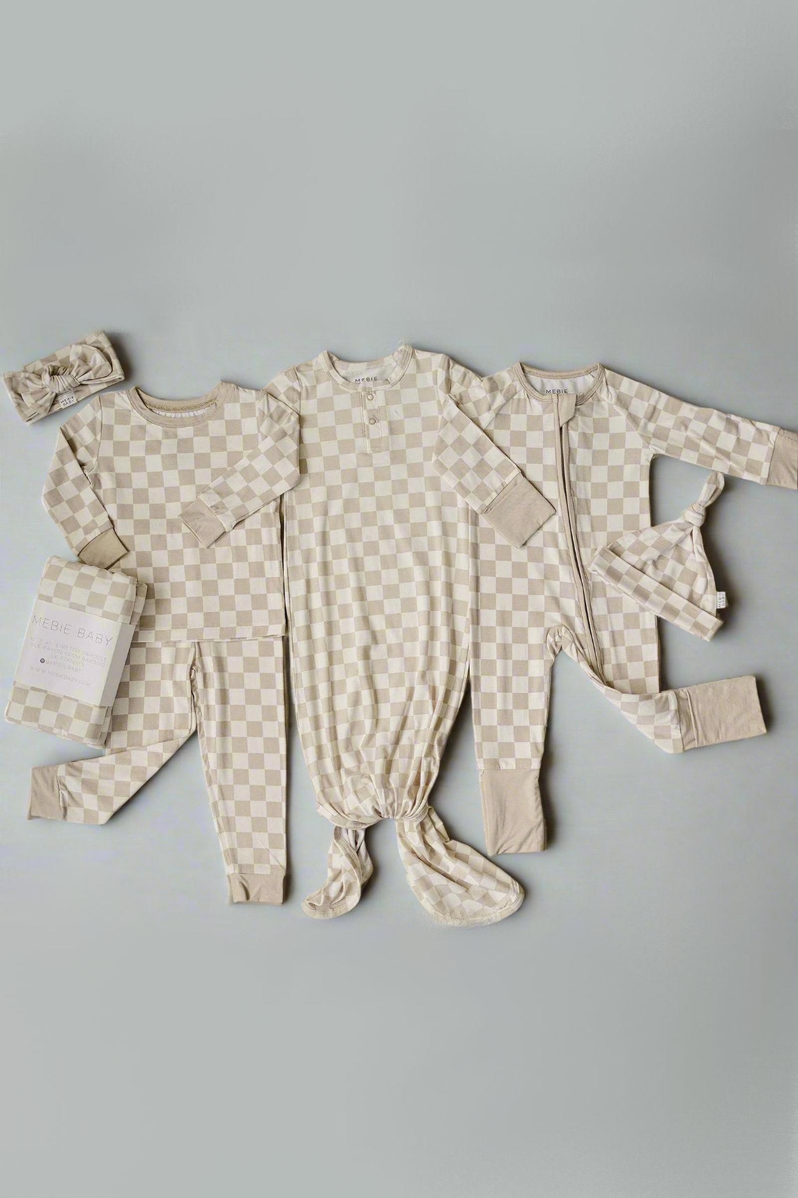 Taupe Checkered Zipper Pajama, Bamboo, Baby Essentials
