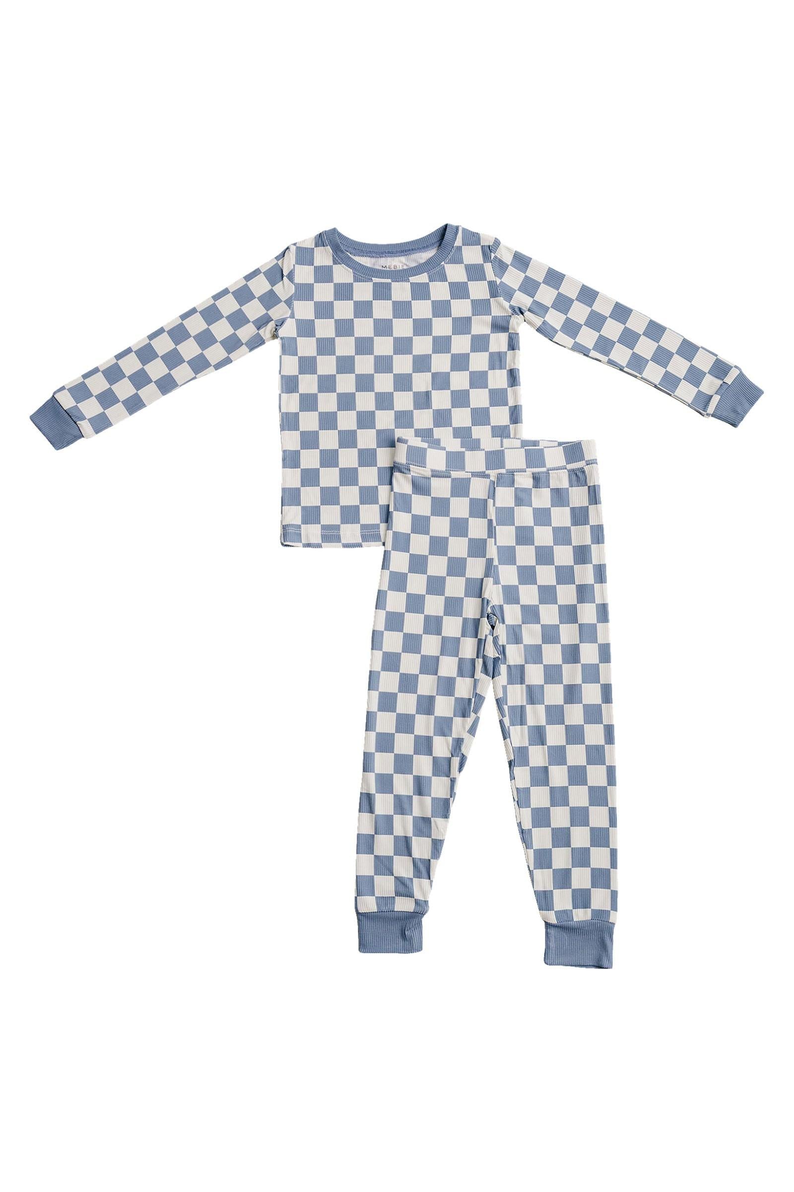 Blue Checkered Ribbed Bamboo Cozy Pajama Set, Toddler & Kids