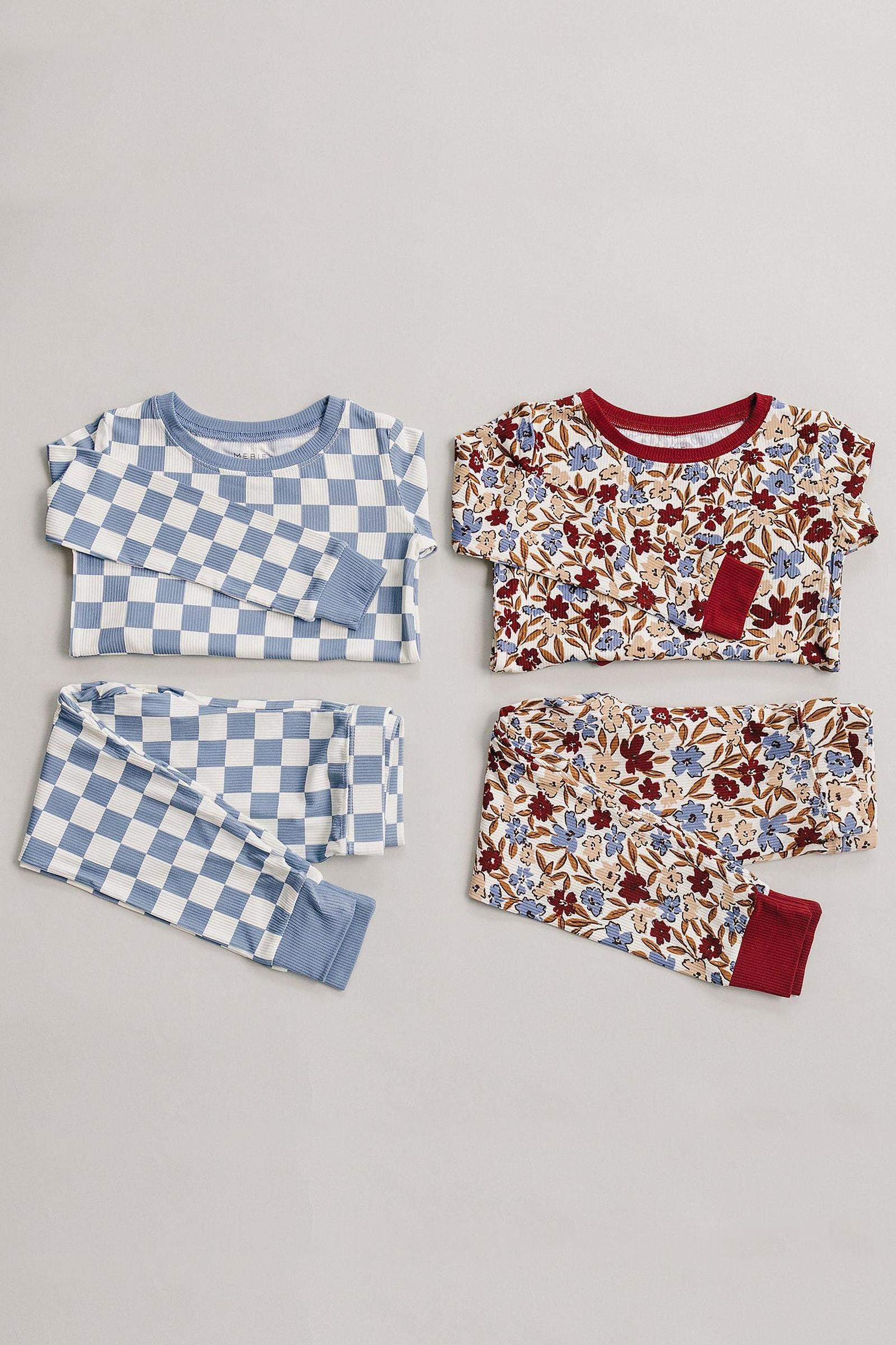 Blue Checkered Ribbed Bamboo Cozy Pajama Set, Toddler & Kids