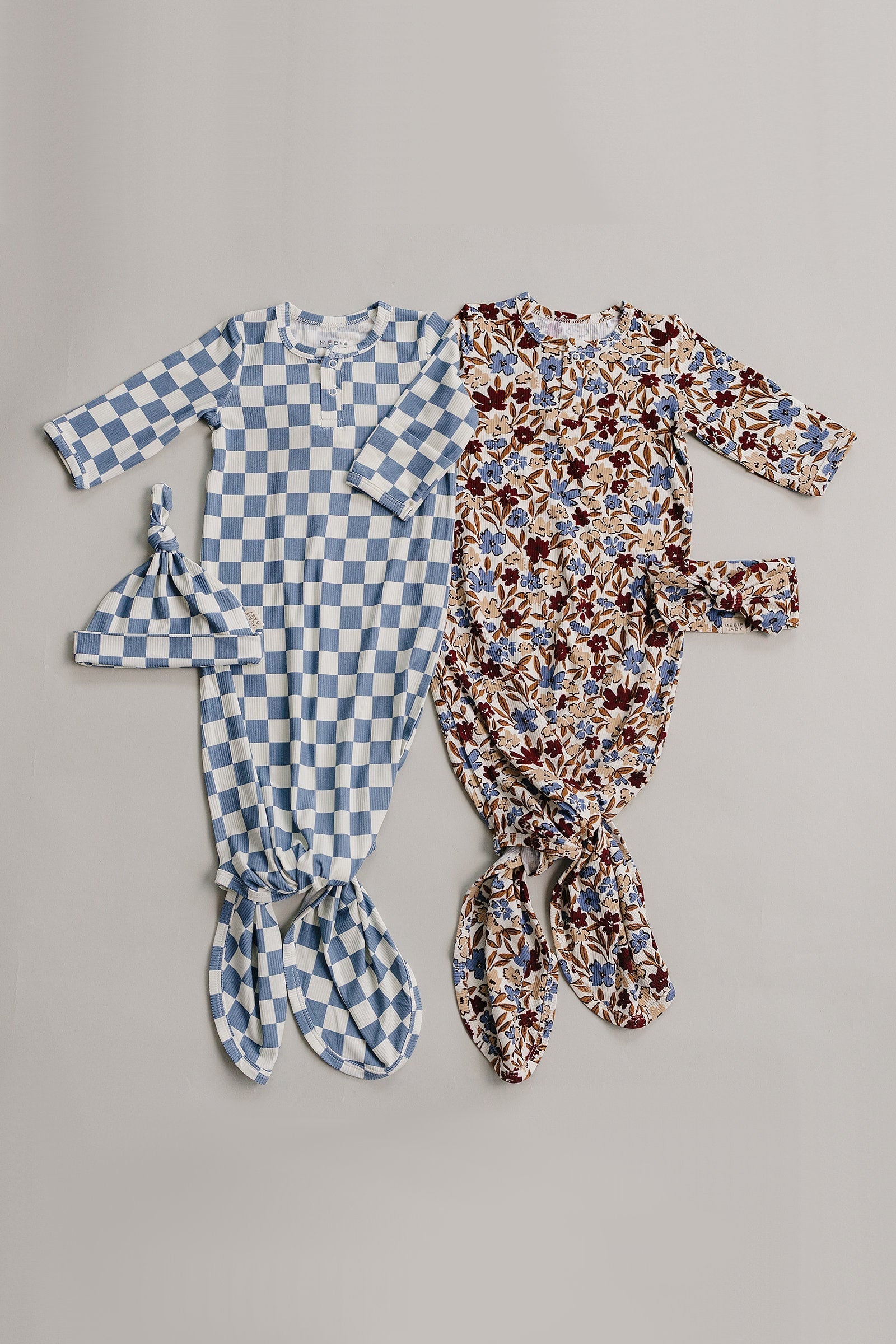 Blue Checkered Ribbed Bamboo Knot Gown for Babies