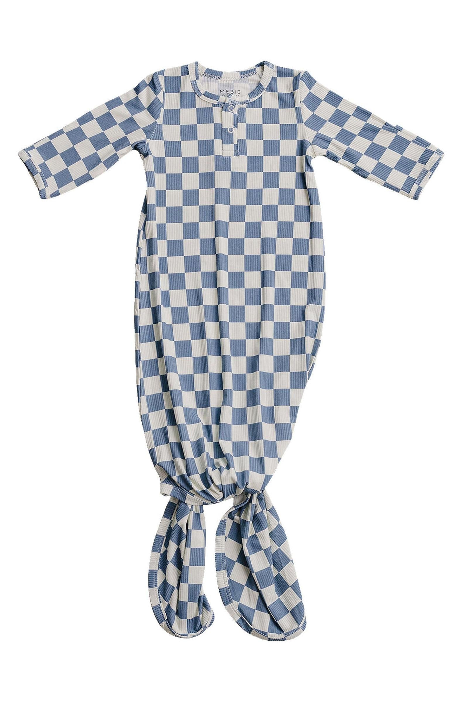 Blue Checkered Ribbed Bamboo Knot Gown for Babies