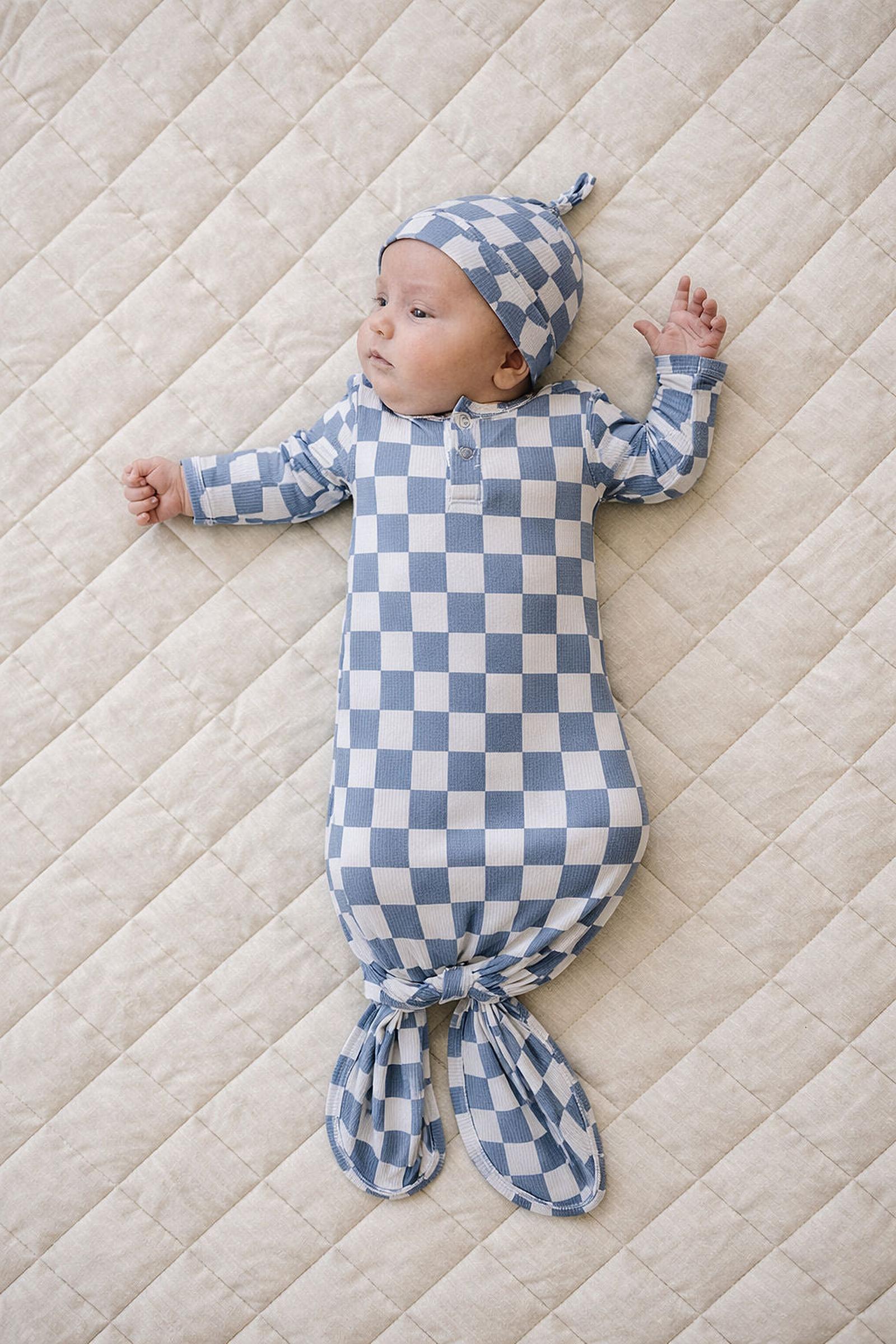 Blue Checkered Ribbed Bamboo Knot Gown for Babies