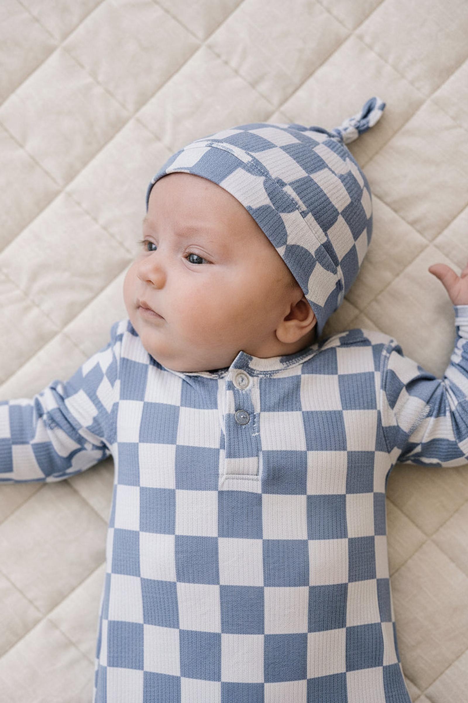 Blue Checkered Bamboo Newborn Knot Hat