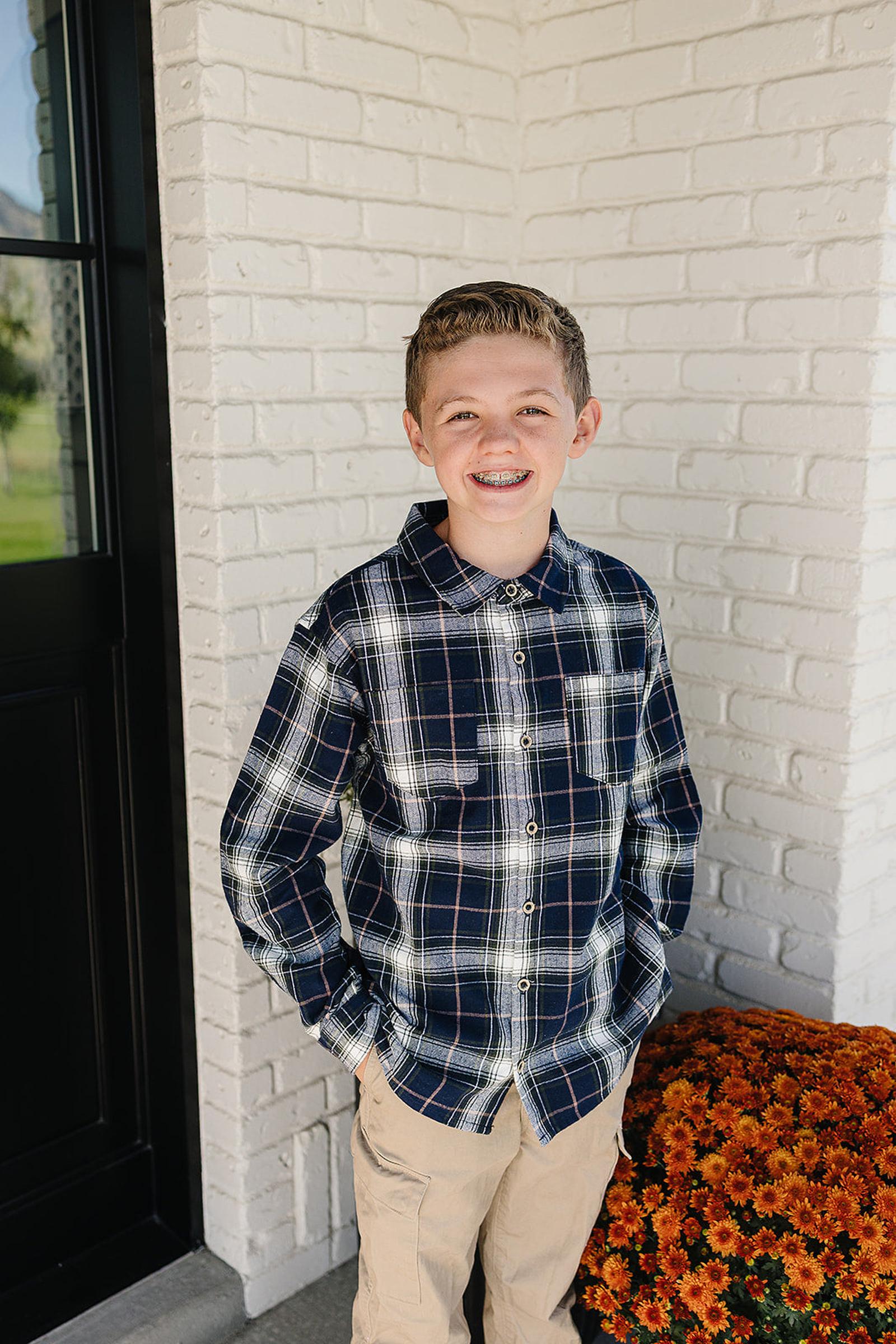 Navy Plaid Button Up Shirt, 100% Cotton, Baby - Kids