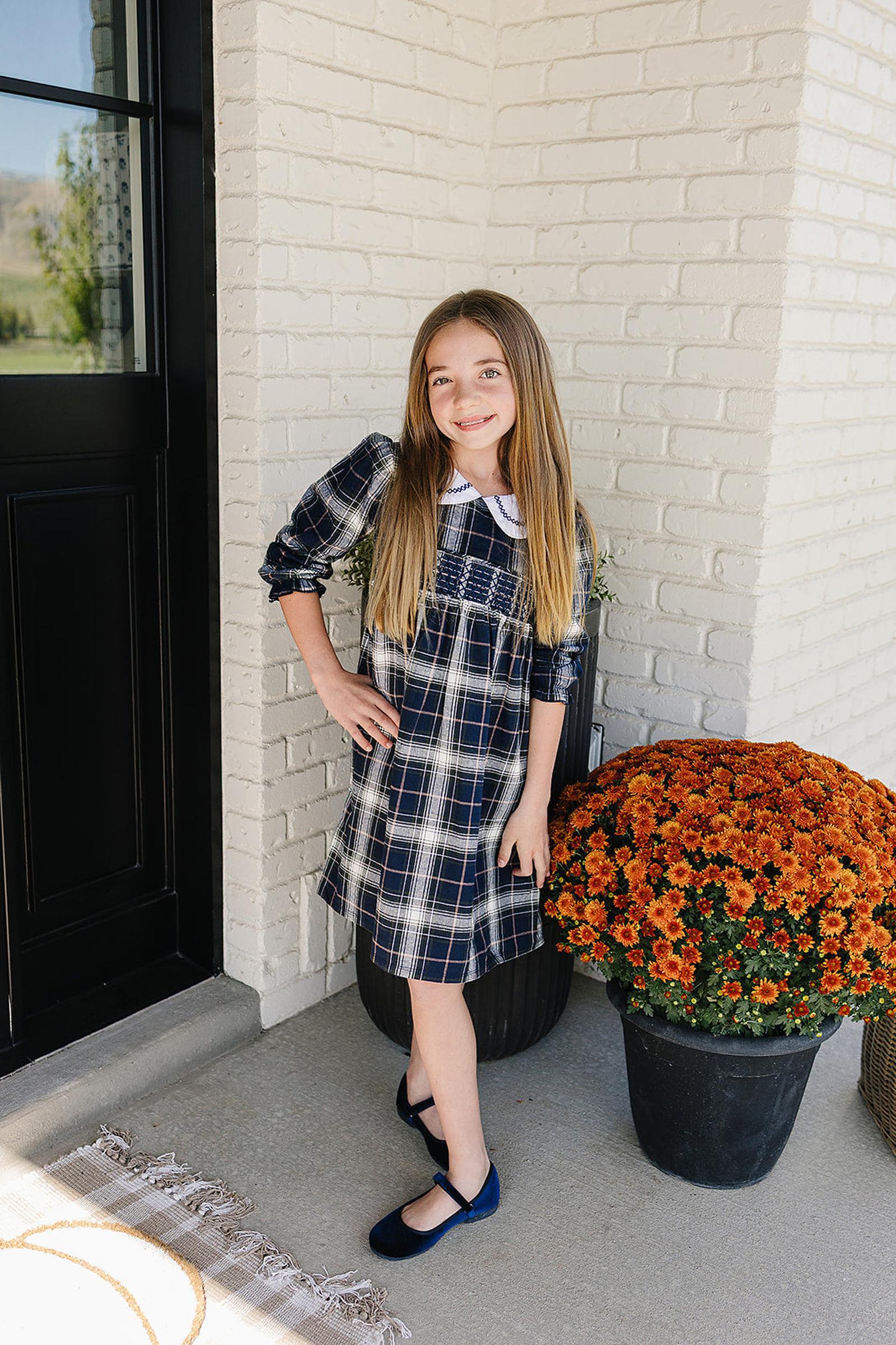 Classic Navy Plaid Smocked Dress with Peter Pan Collar, Cotton, Sizes 0-8