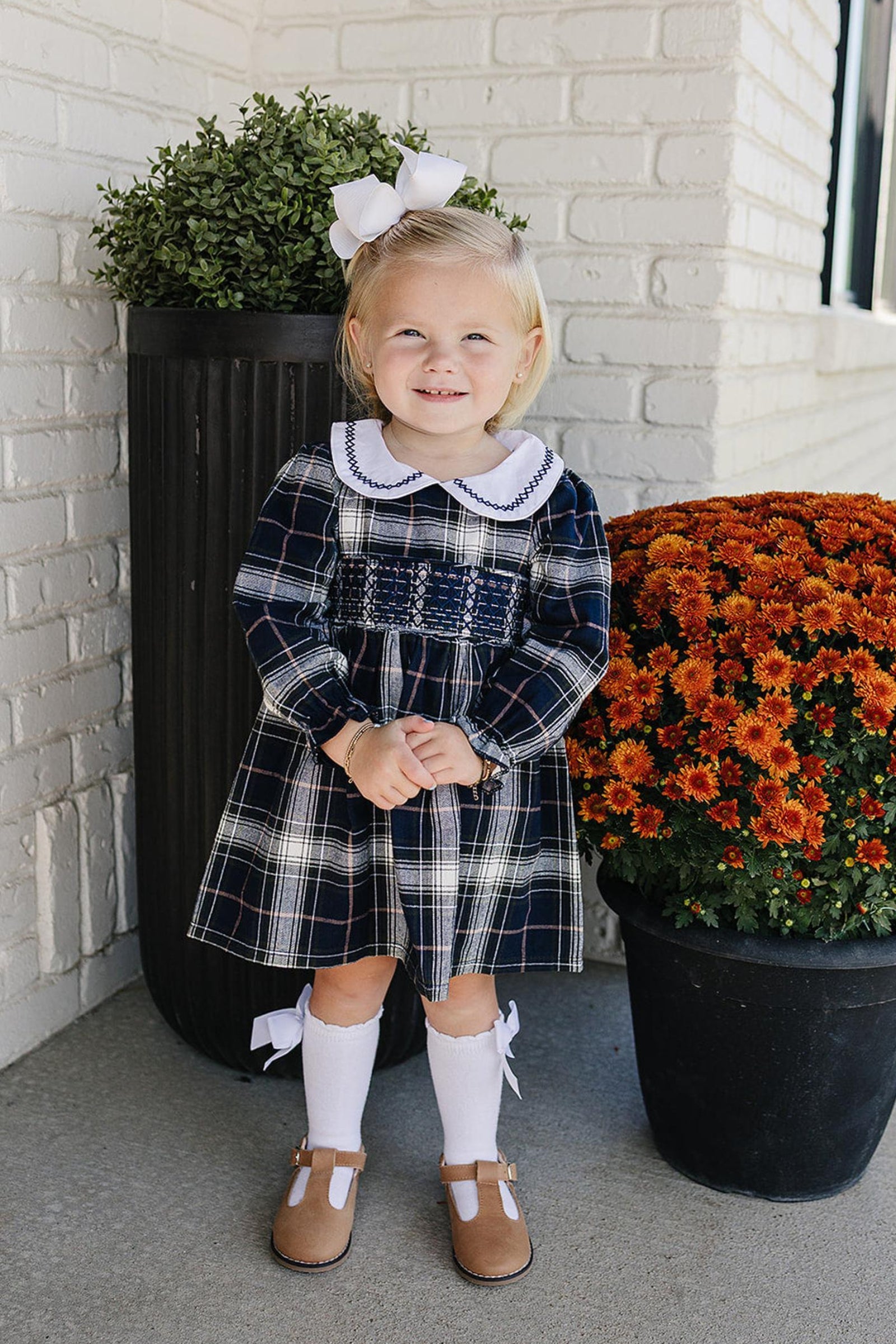 Classic Navy Plaid Smocked Dress with Peter Pan Collar, Cotton, Sizes 0-8
