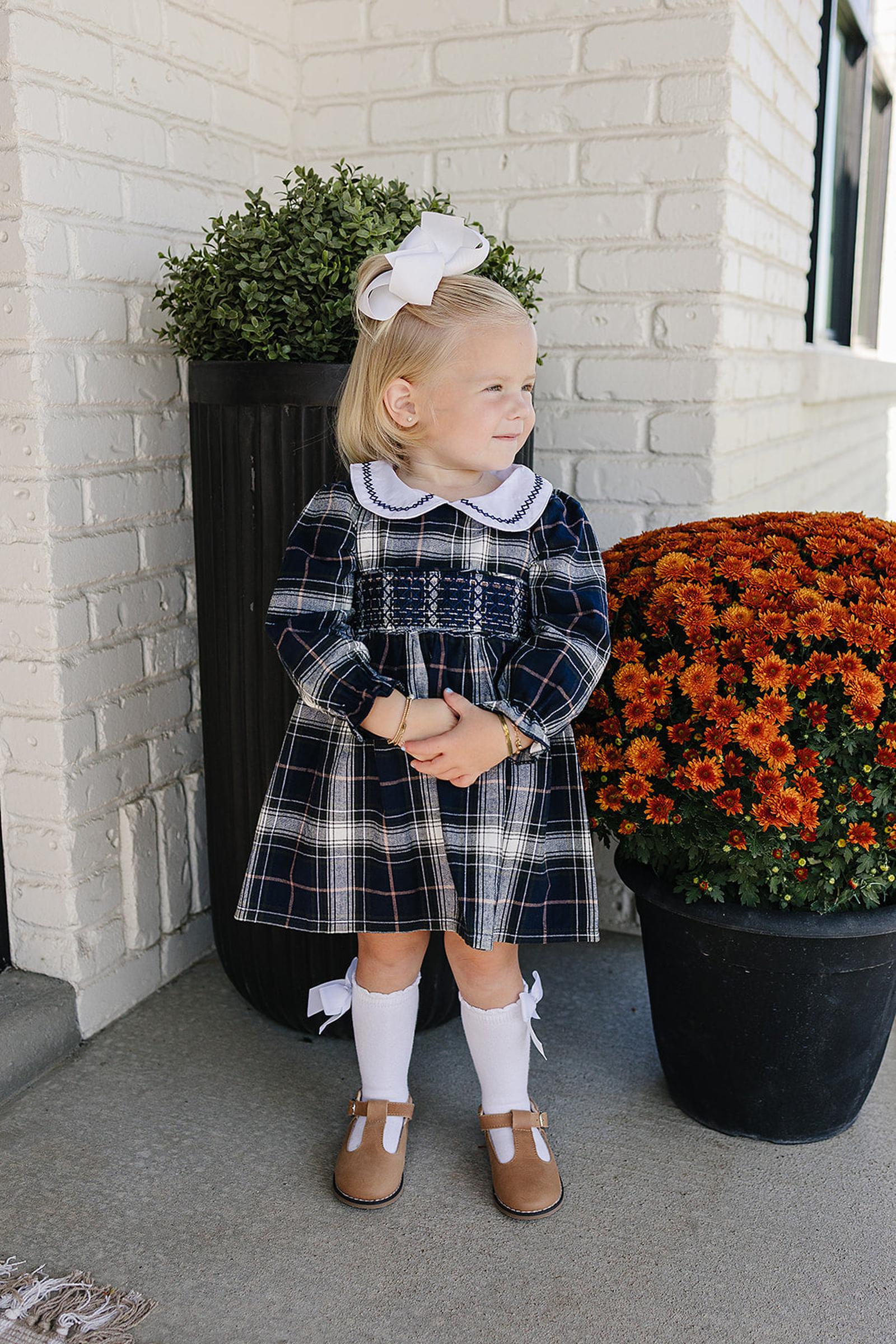 Classic Navy Plaid Smocked Dress with Peter Pan Collar, Cotton, Sizes 0-8
