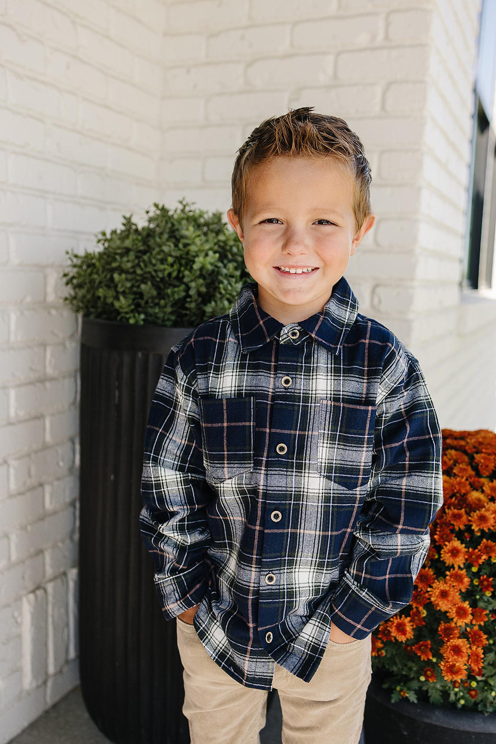Navy Plaid Button Up Shirt, 100% Cotton, Baby - Kids