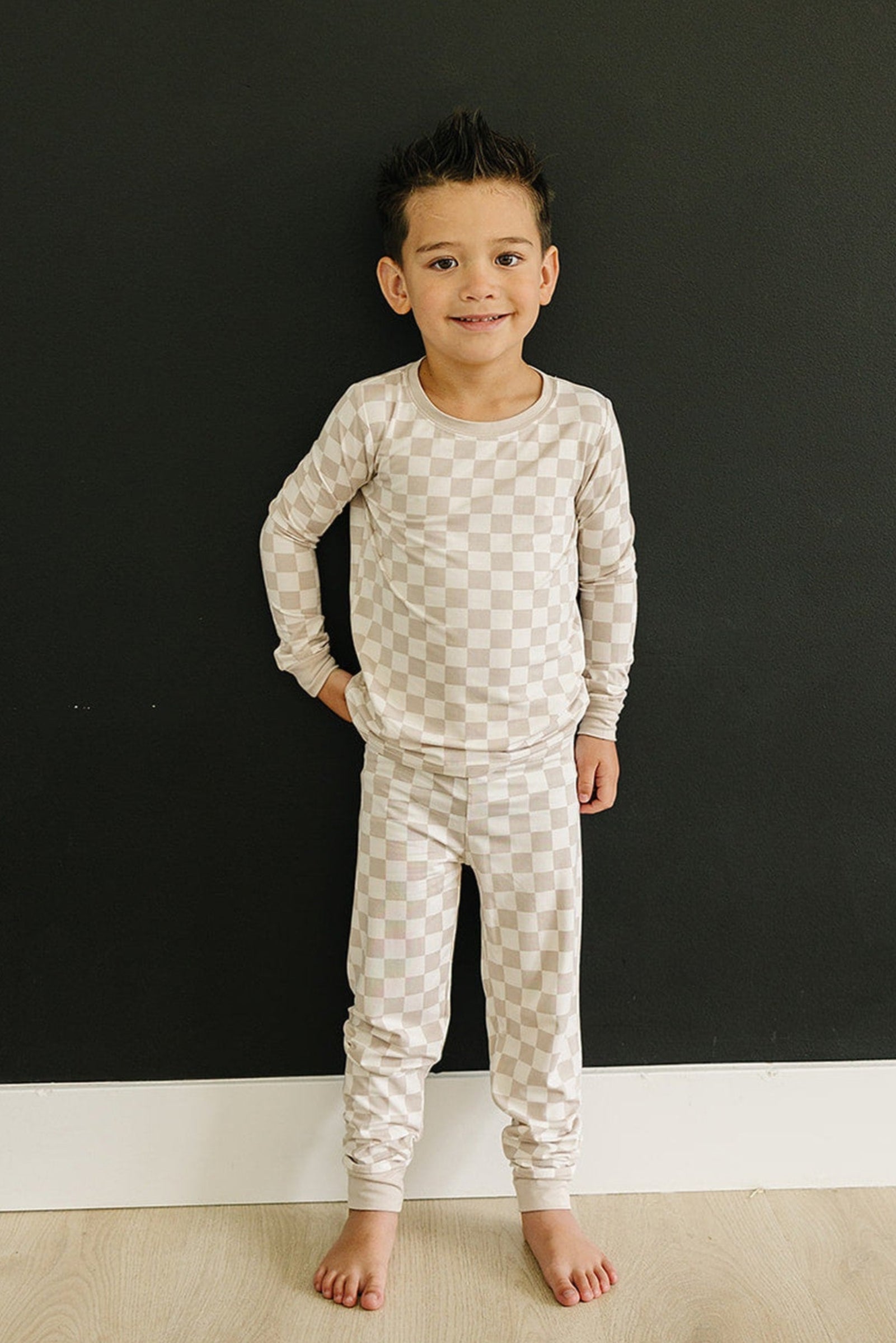 Taupe Checkered Cozy Pajama Set, Bamboo, Baby Essentials