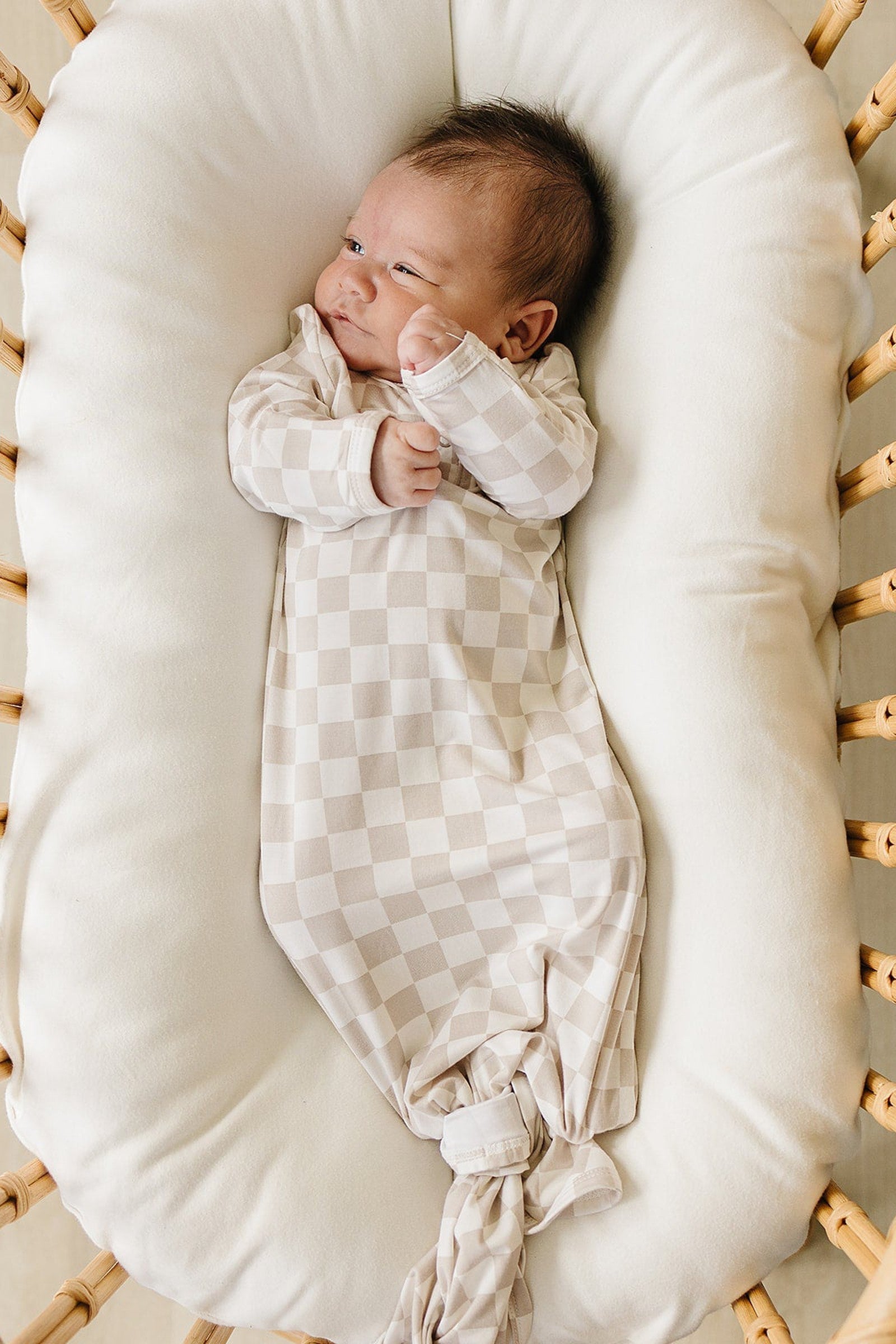 Taupe Checkered Knot Gown, Bamboo, Baby Essentials