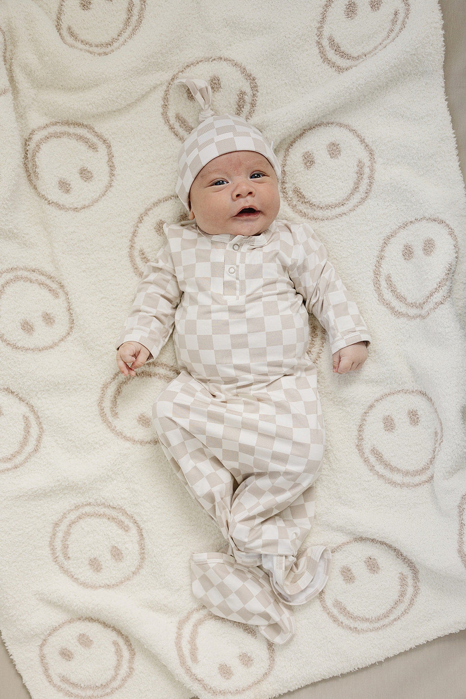 Taupe Checkered Knot Gown, Bamboo, Baby Essentials