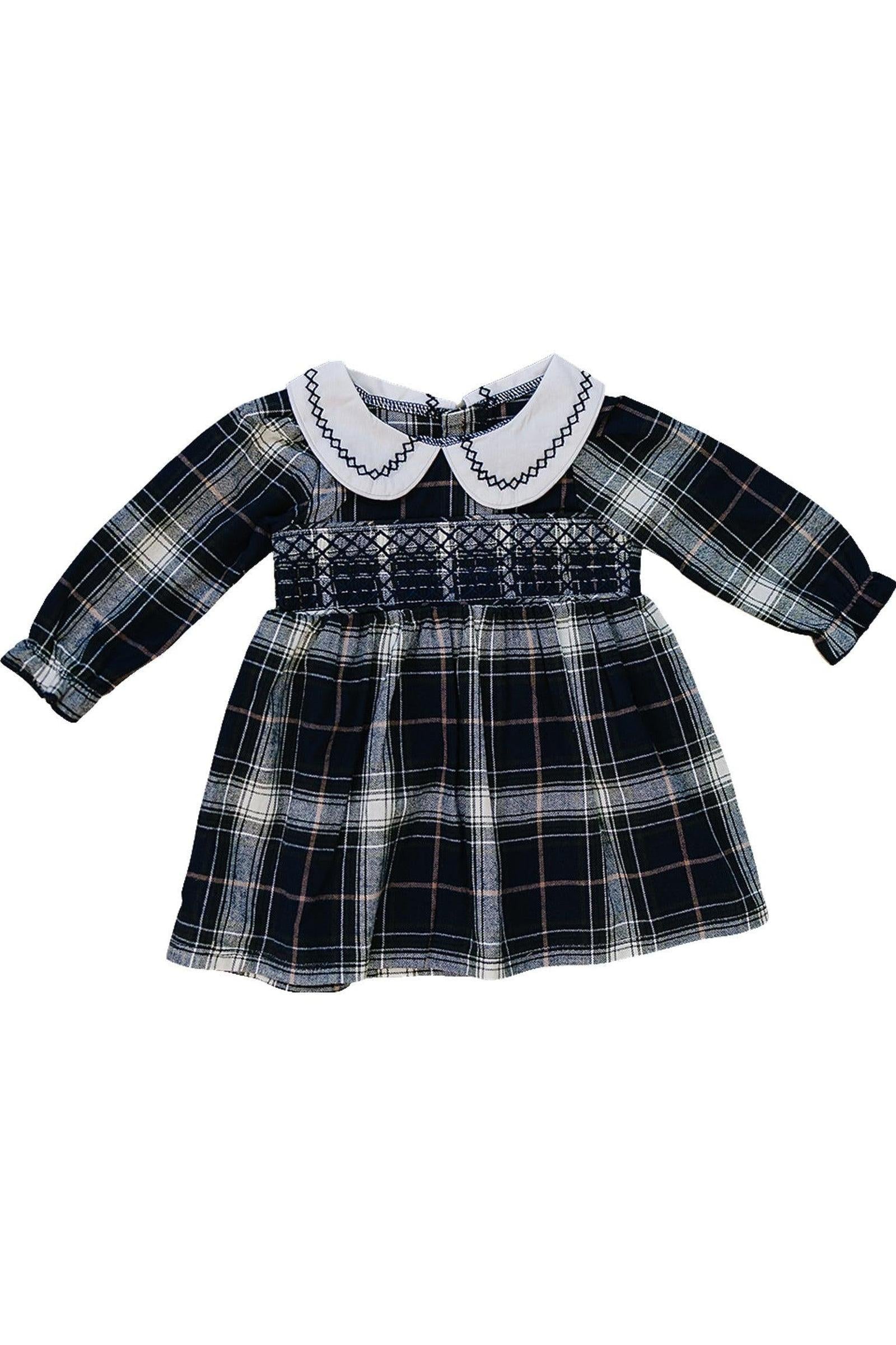 Classic Navy Plaid Smocked Dress with Peter Pan Collar, Cotton, Sizes 0-8