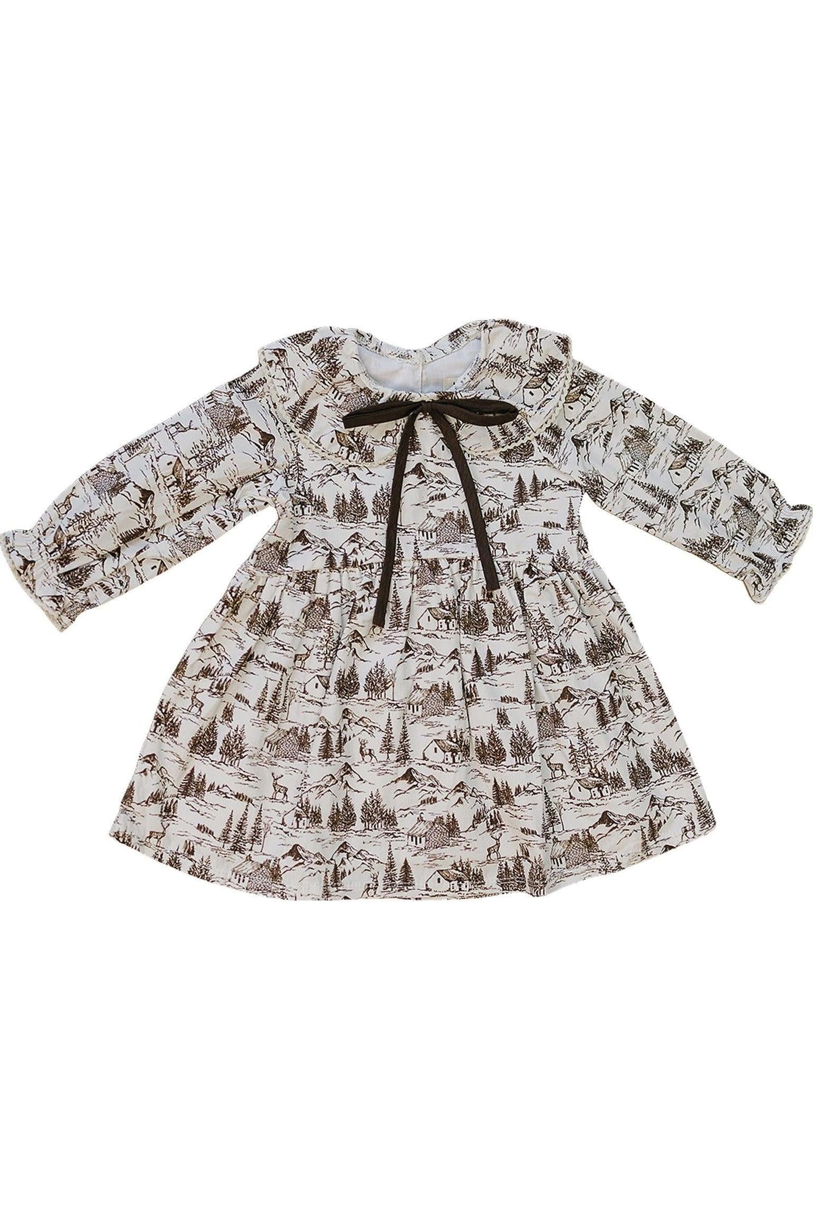 Brown Toile Long-Sleeve Dress, Cotton, Sizes 0-8