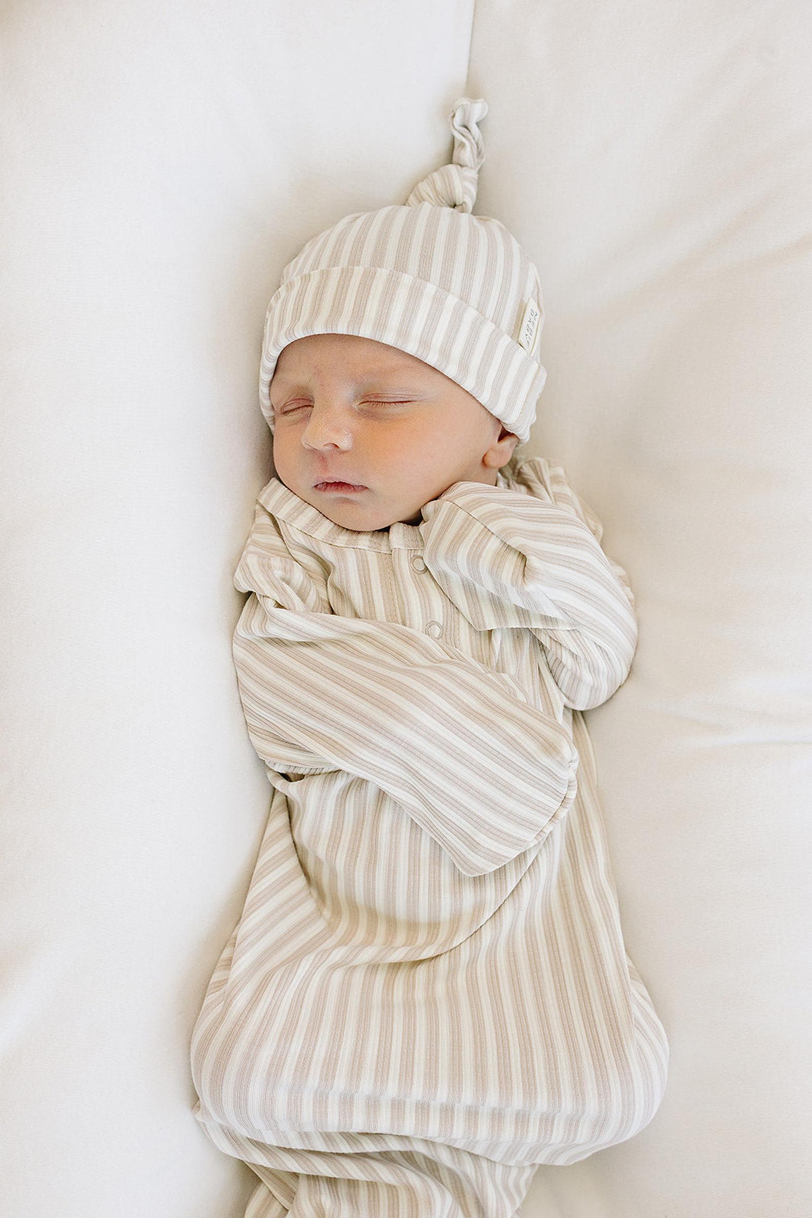 Taupe Stripe Ribbed Knot Gown, Bamboo, Baby Essentials