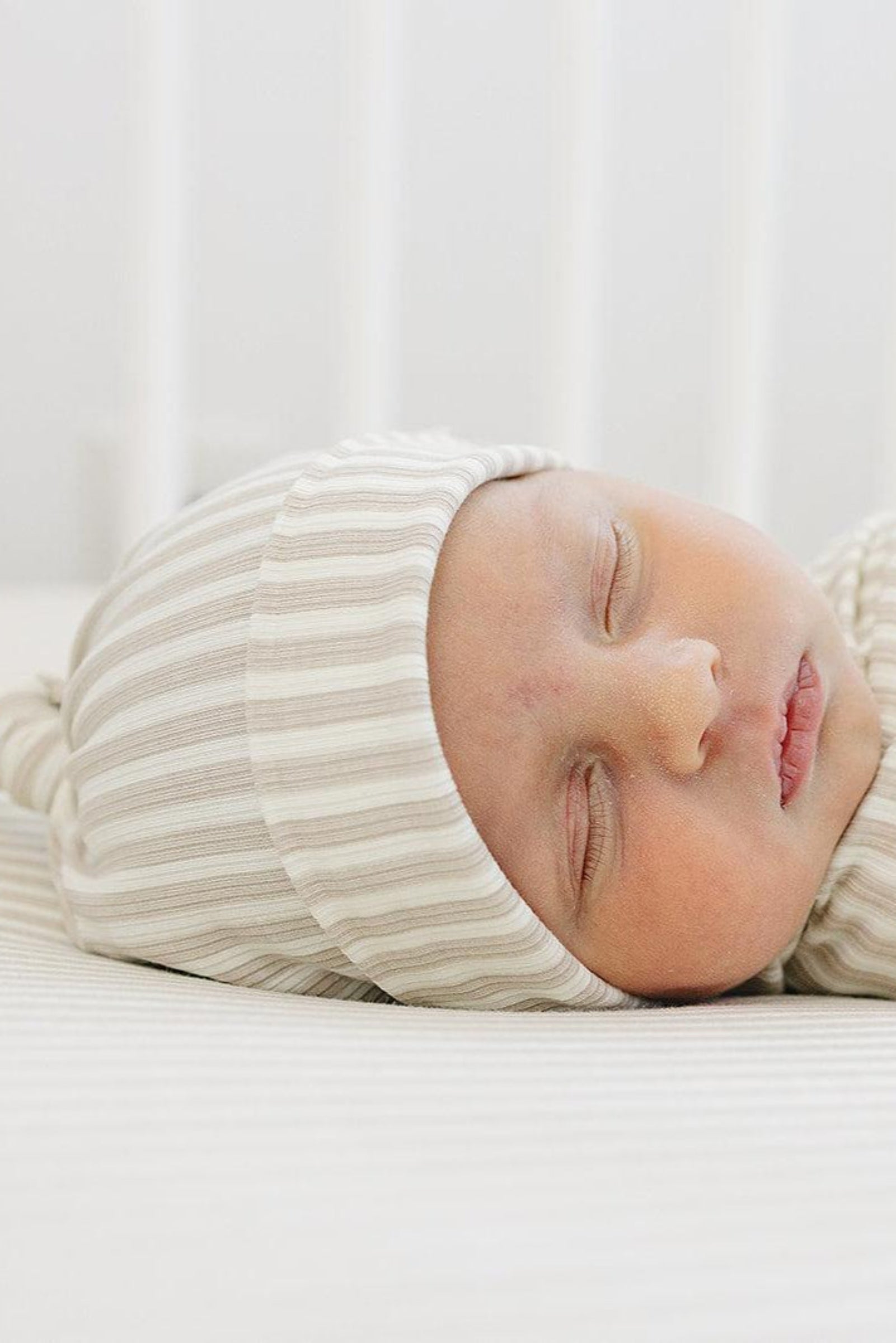 Taupe Stripe Ribbed Newborn Knot Hat, Bamboo, Baby Essentials