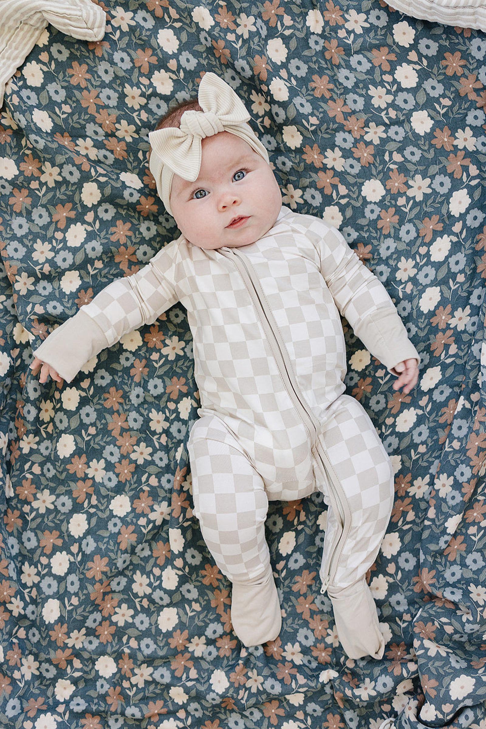 Taupe Checkered Zipper Pajama, Bamboo, Baby Essentials