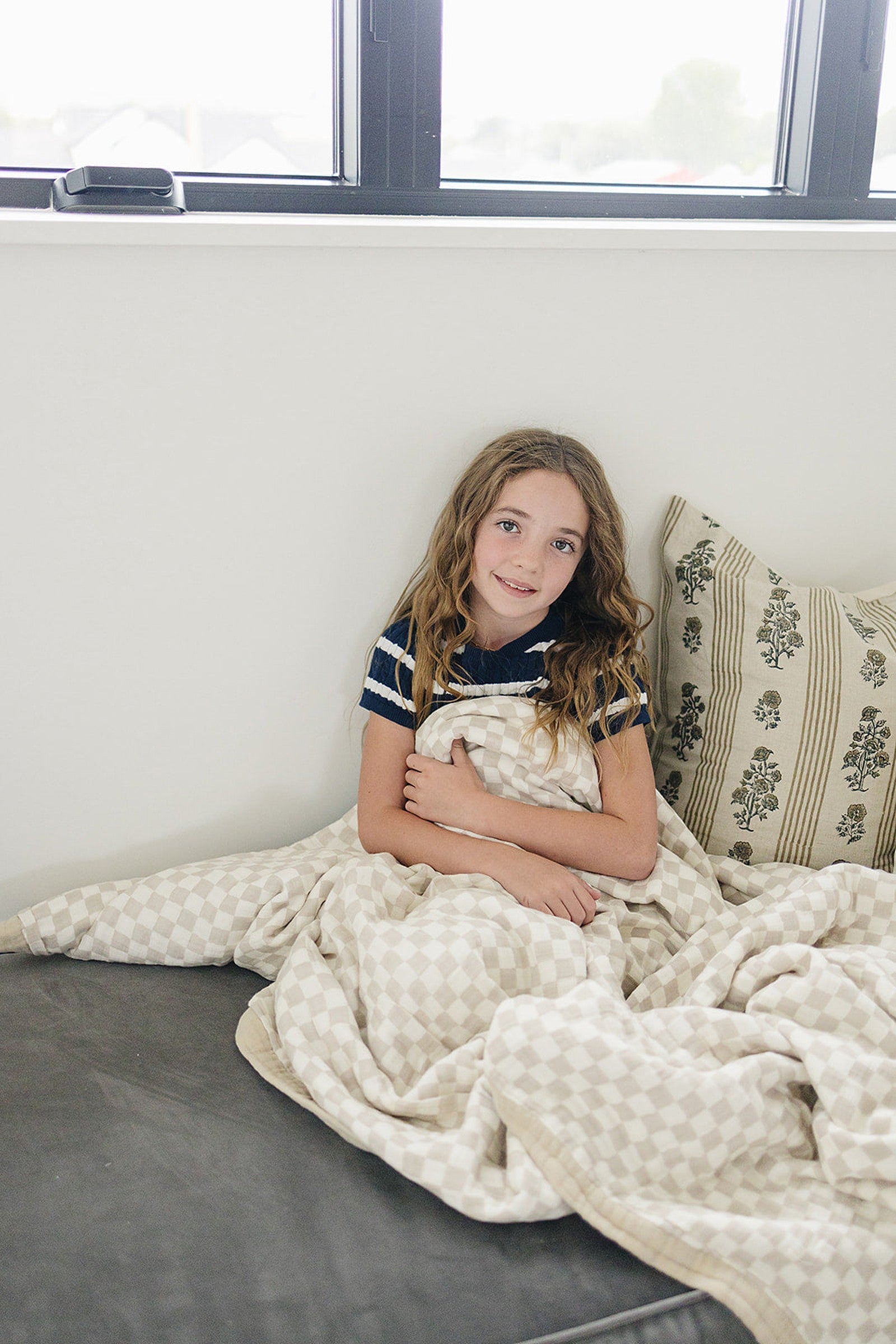 Taupe Checkered Muslin Twin Quilt, 100% Cotton, Baby Essentials
