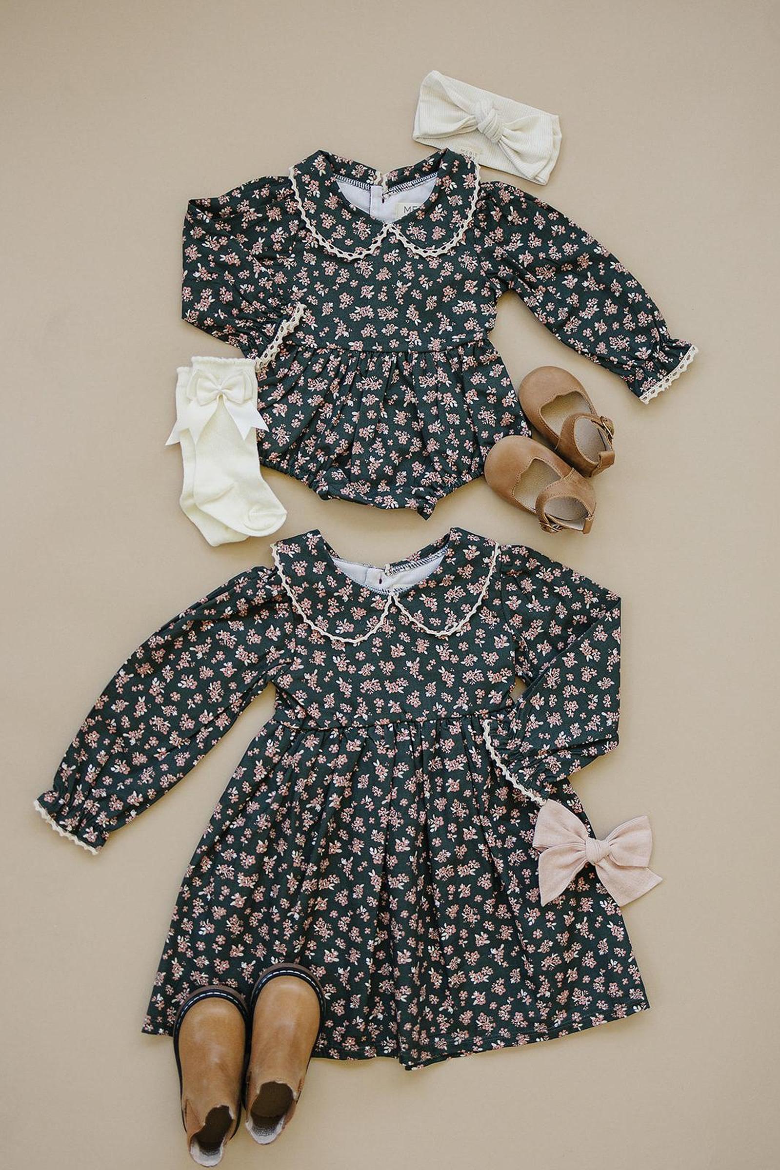 Elegant Olive Bloom Dress with Peter Pan Collar, Cotton, Sizes 2-7