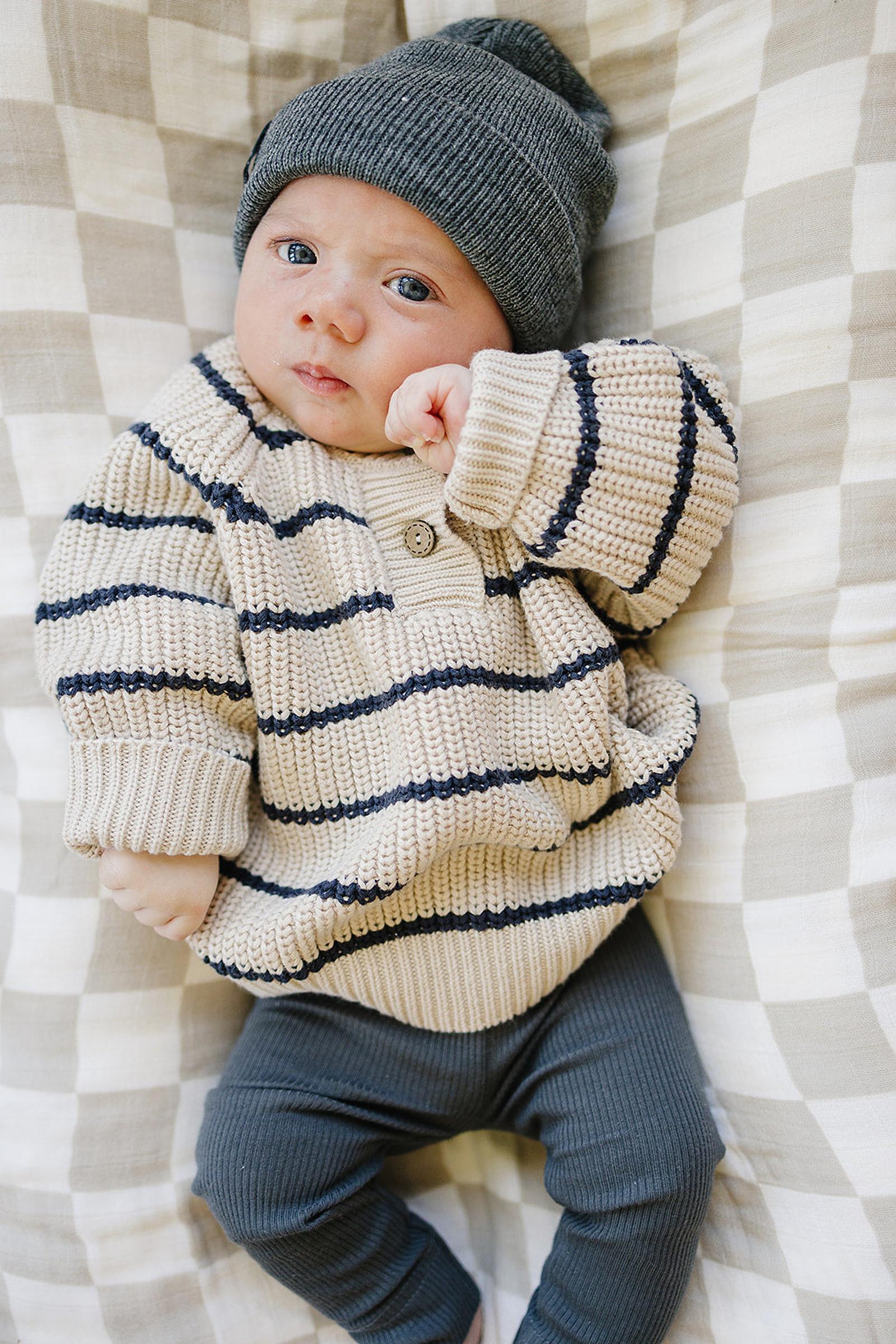 Navy Stripe Button Knit Sweater, 100% Cotton, Gender Neutral, Baby, Toddler & Kids
