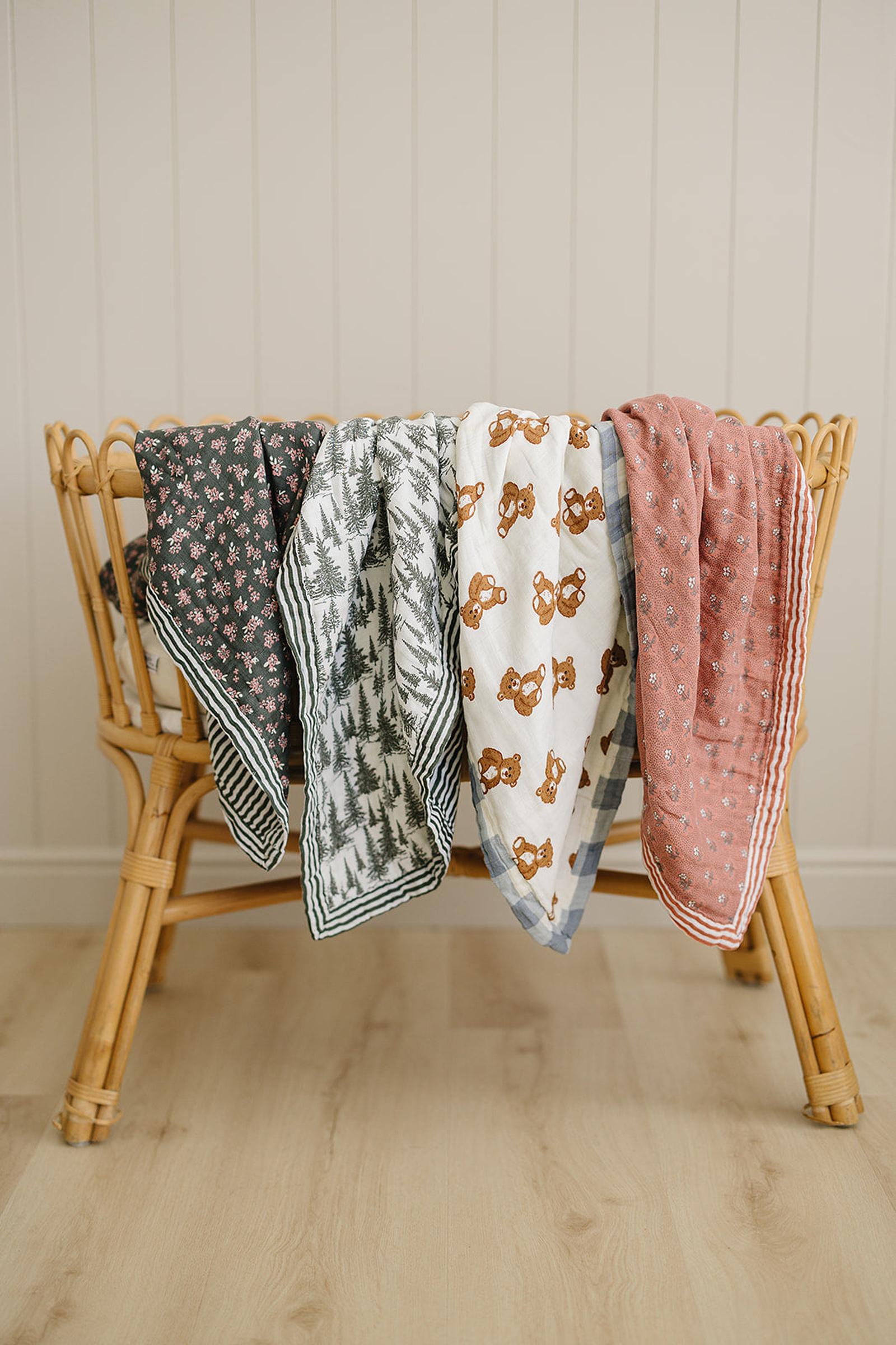 Forest + Green Stripes Lightweight Muslin Crib Quilt, 100% Cotton, Baby Essentials