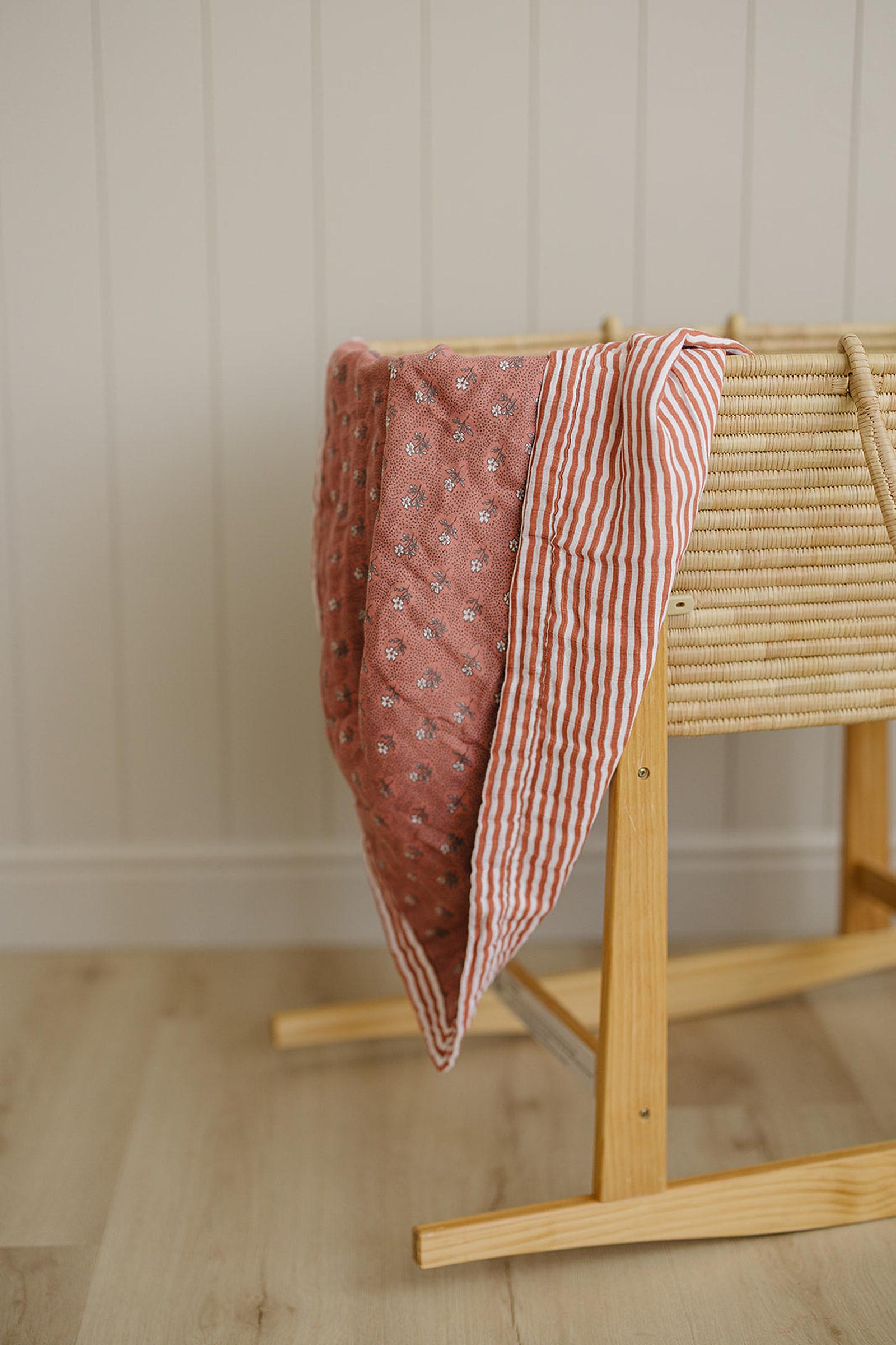 Vintage Pink Floral + Pink Stripes Lightweight Muslin Crib Quilt, 100% Cotton, Baby Essentials
