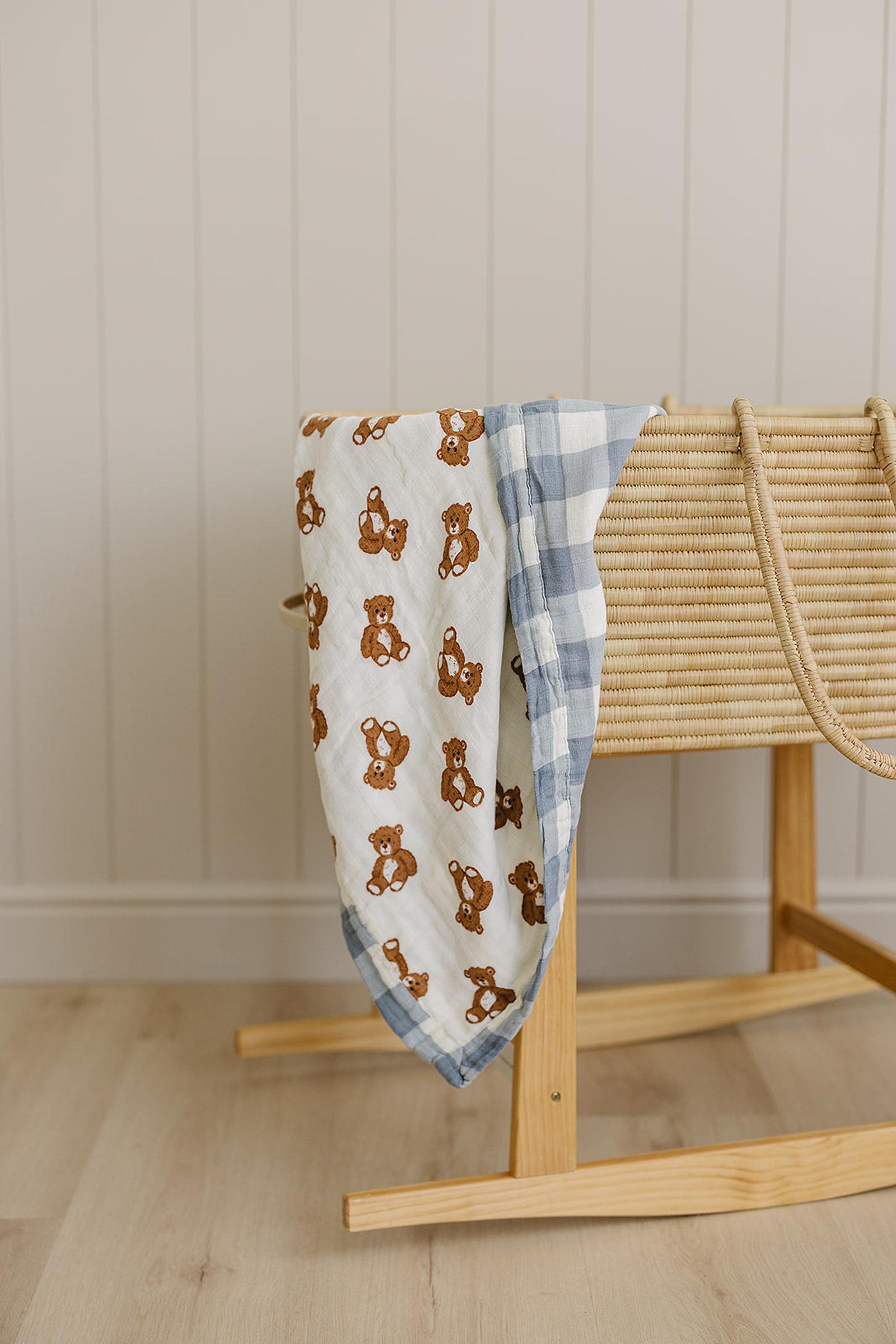 Dusty Blue Gingham + Teddy Bear Lightweight Muslin Crib Quilt, 100% Cotton, Baby Essentials