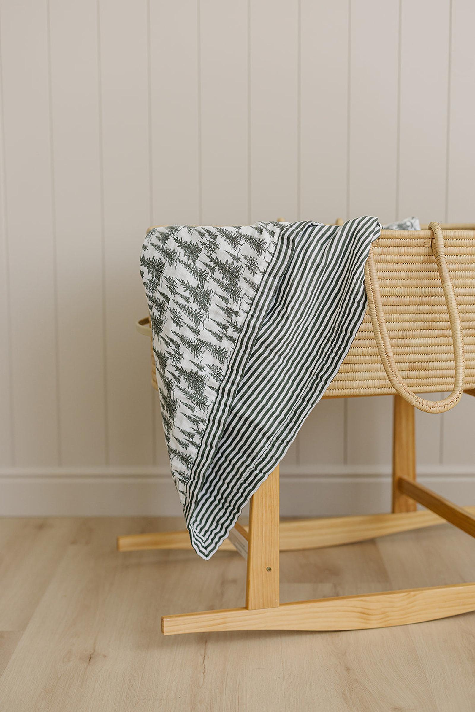 Forest + Green Stripes Lightweight Muslin Crib Quilt, 100% Cotton, Baby Essentials
