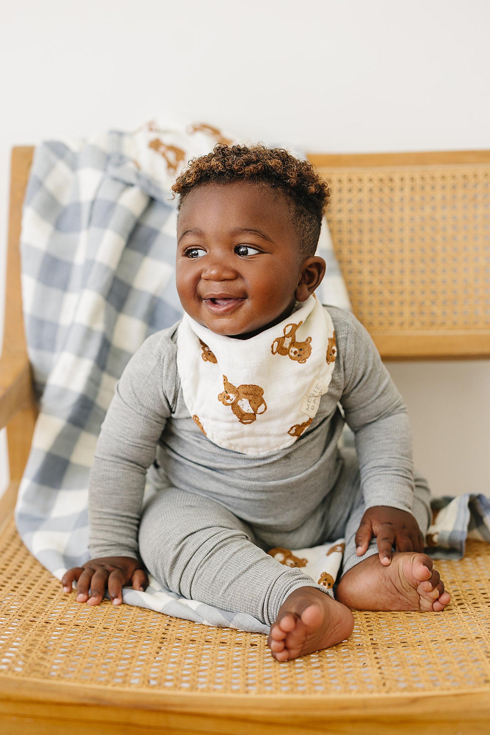 Dusty Blue Gingham + Teddy Bear Lightweight Muslin Crib Quilt, 100% Cotton, Baby Essentials